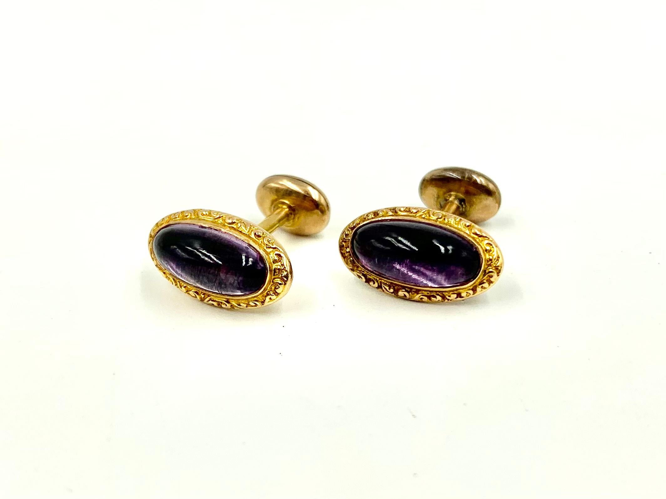 Antique Victorian 14K Yellow Gold Repousse Scroll Cabochon Amethyst Cufflinks 2