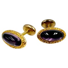 Antique Victorian 14K Yellow Gold Repousse Scroll Cabochon Amethyst Cufflinks