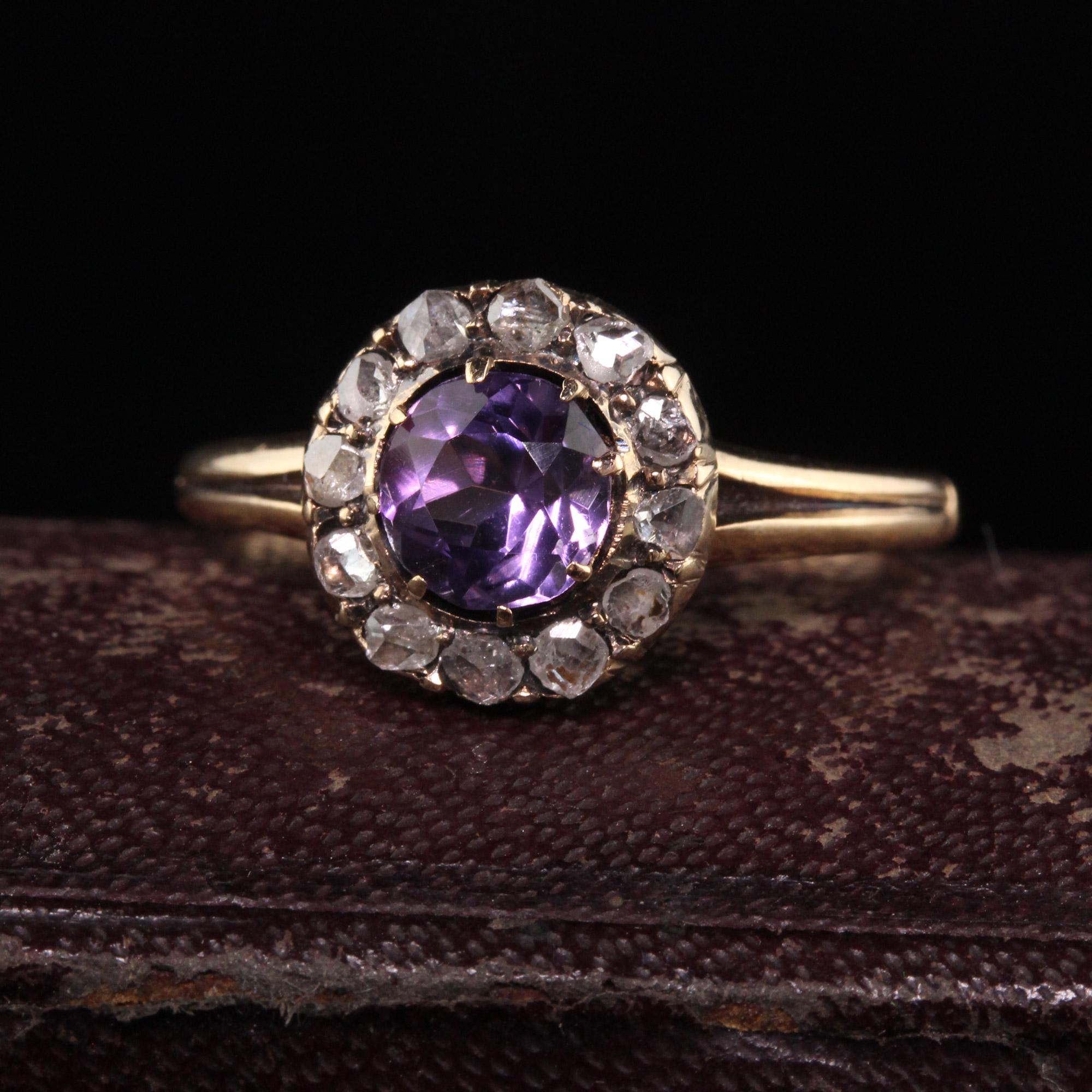 Beautiful Antique Victorian 14K Yellow Gold Rose Cut Diamond Amethyst Engagement Ring. This gorgeous engagement ring features an amethyst that is surrounded by old rose cut diamonds crafted in 14k yellow gold. It is in great condition.

Item