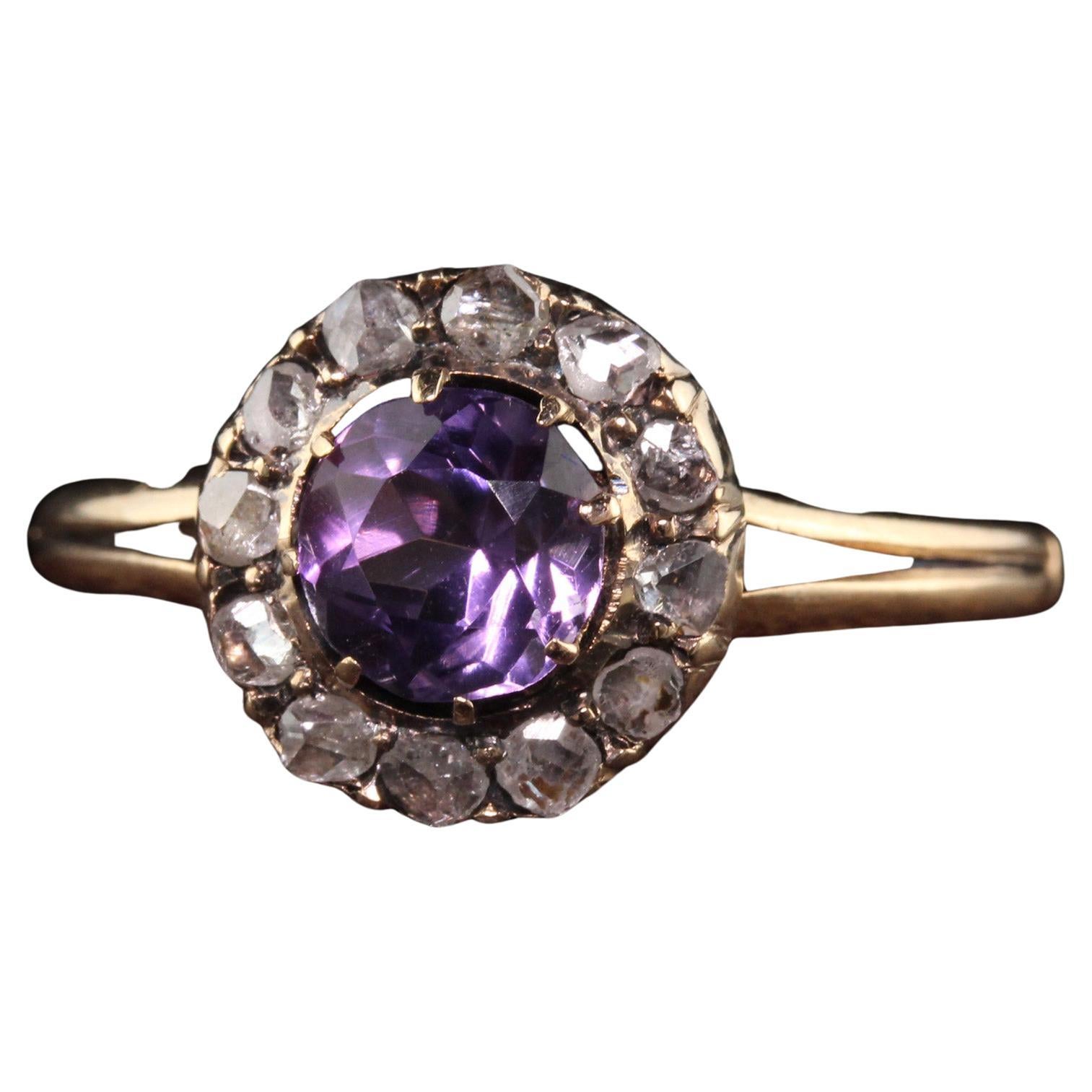 Antique Victorian 14K Yellow Gold Rose Cut Diamond Amethyst Engagement Ring For Sale