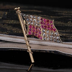Antique Victorian 14K Yellow Gold Rose Cut Diamond and Ruby Flag Pin