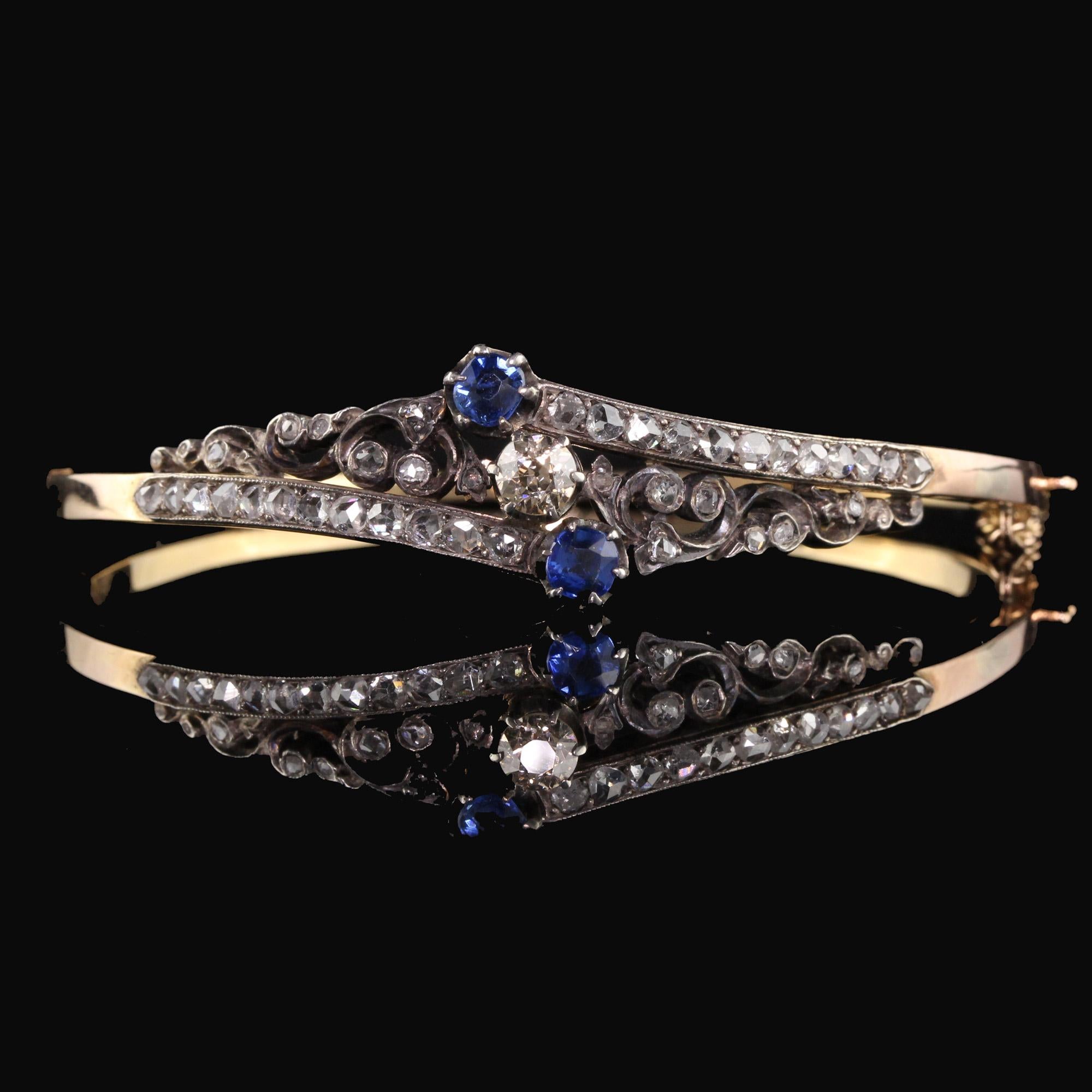 Antique Victorian 14K Yellow Gold Rose Cut Diamond and Sapphire Bangle Bracelet For Sale 1