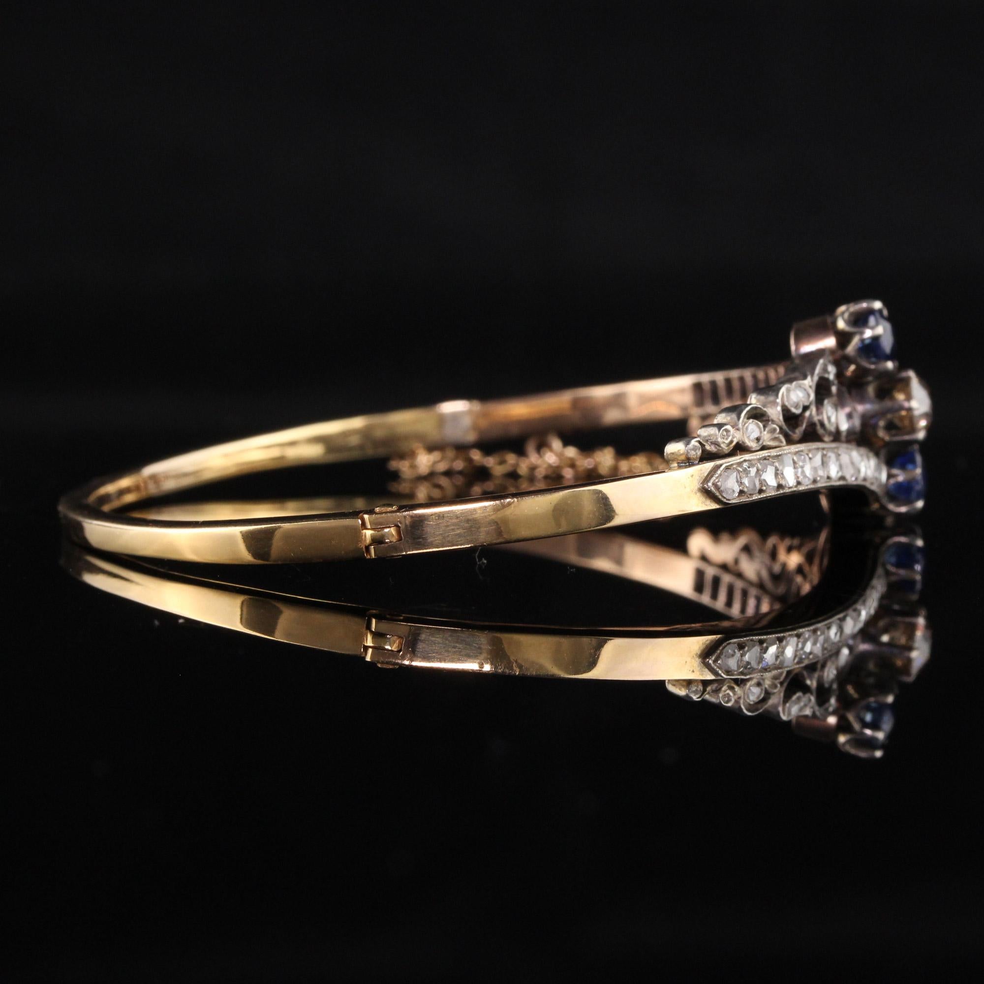 Antique Victorian 14K Yellow Gold Rose Cut Diamond and Sapphire Bangle Bracelet For Sale 2