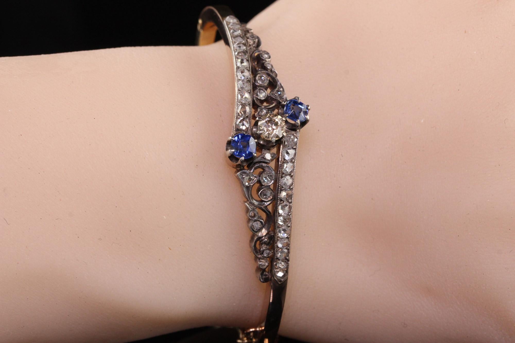 Antique Victorian 14K Yellow Gold Rose Cut Diamond and Sapphire Bangle Bracelet For Sale 3
