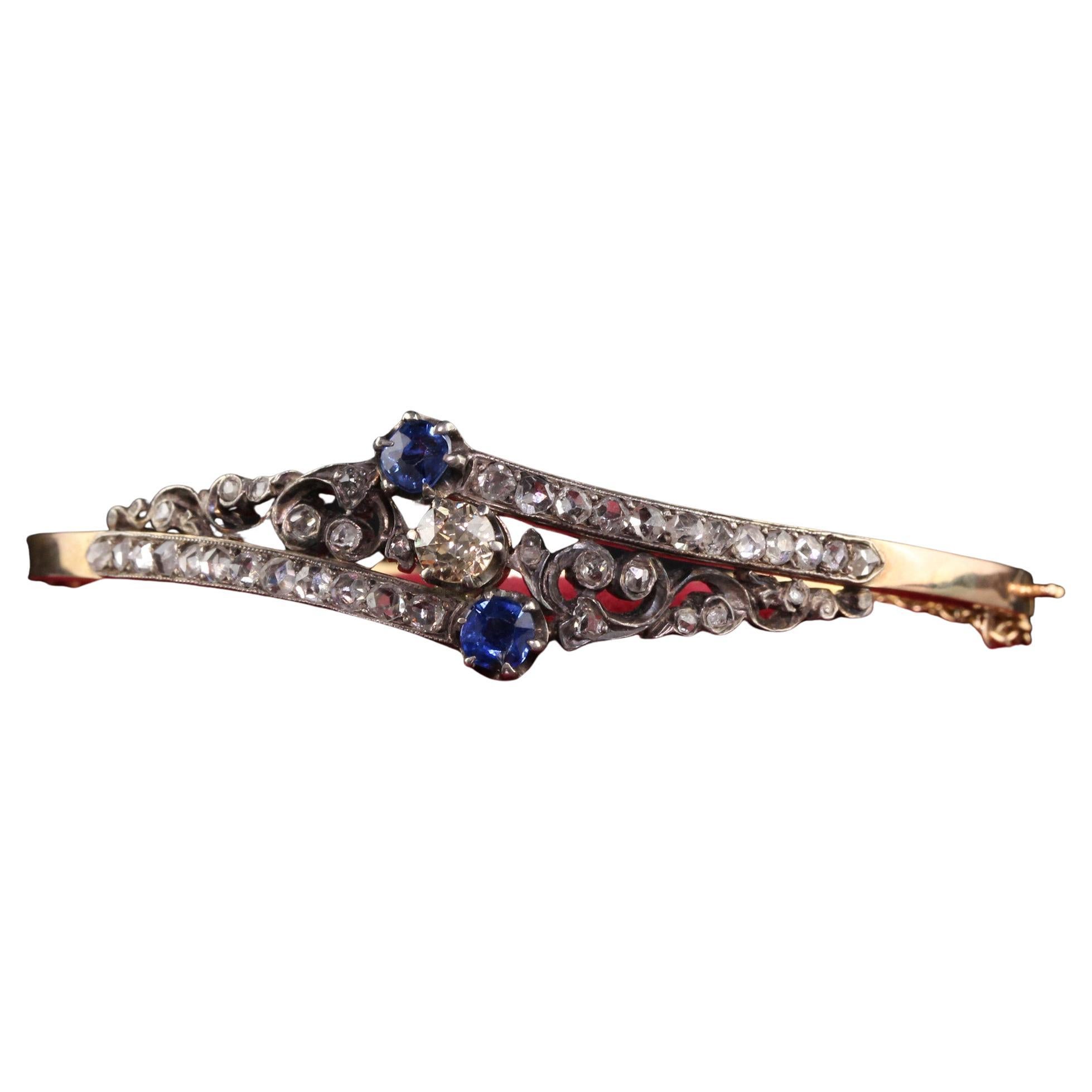 Antique Victorian 14K Yellow Gold Rose Cut Diamond and Sapphire Bangle Bracelet For Sale