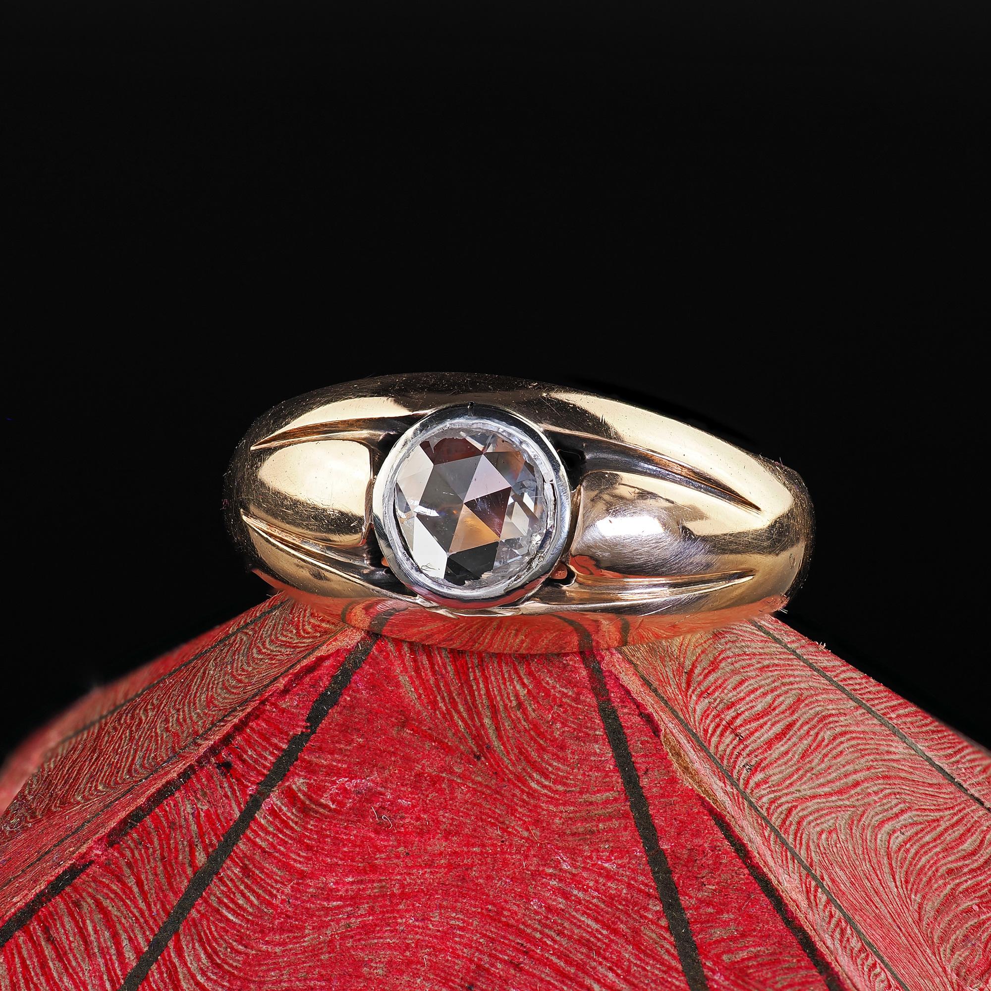 Beautiful Antique Victorian 14K Yellow Gold Rose Cut Diamond Engagement Ring. This gorgeous Victorian rose cut diamond engagement ring is crafted in 14k yellow gold and a silver bezel. This gorgeous ring features a beautiful rose cut diamond set in