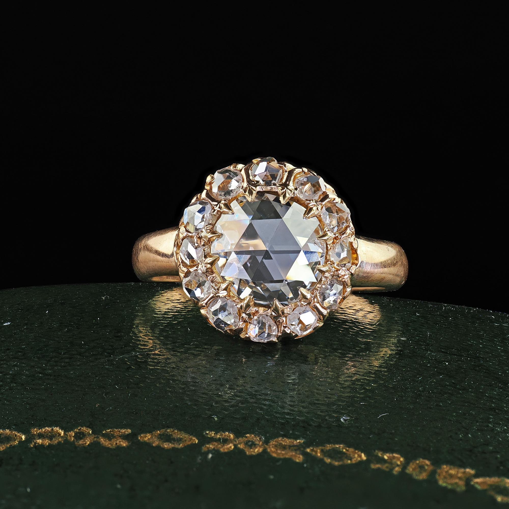 Antique Victorian 14K Yellow Gold Rose Cut Diamond Halo Engagement Ring ...