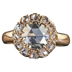 Antique Victorian 14K Yellow Gold Rose Cut Diamond Halo Engagement Ring - GIA