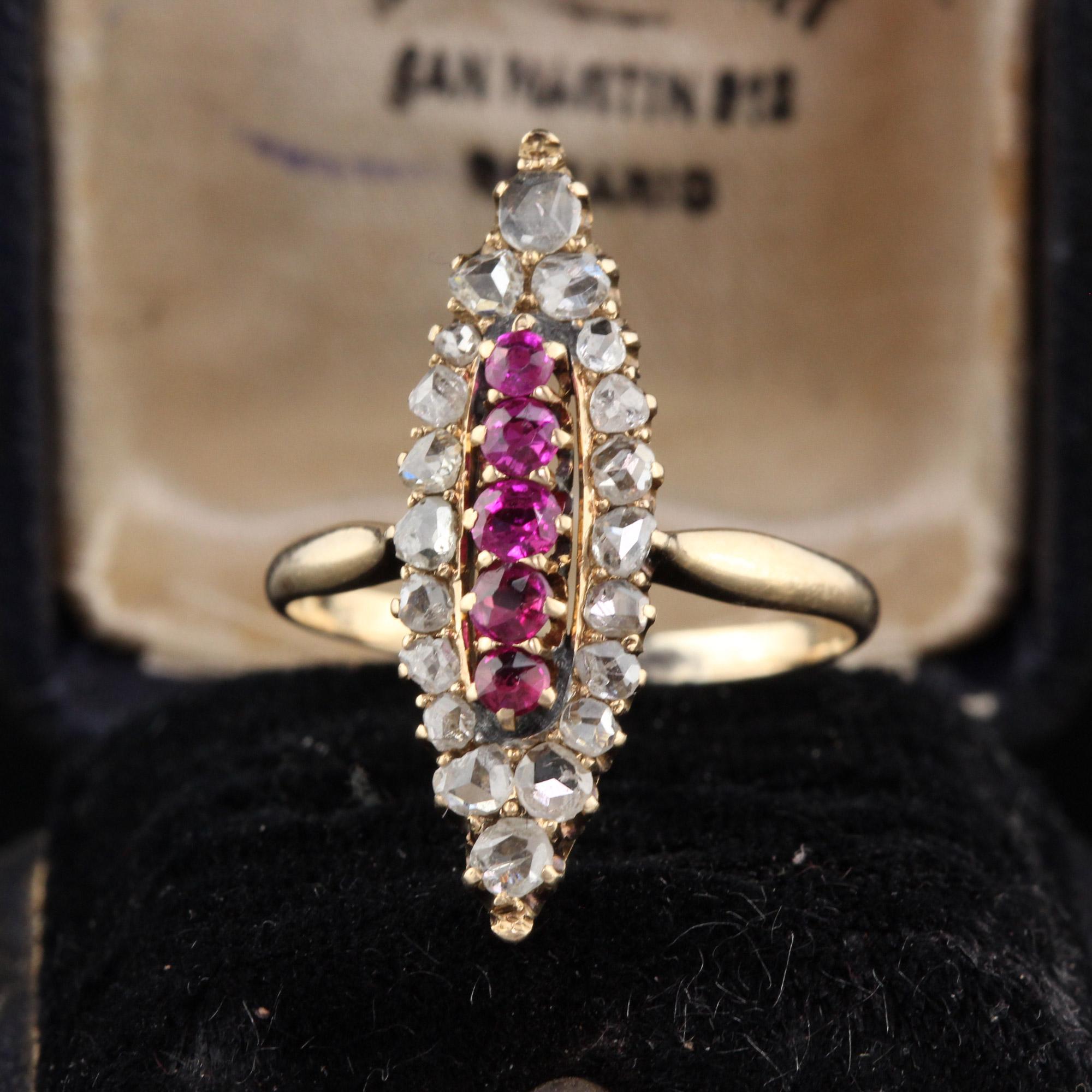 Antique Victorian 14K Yellow Gold, Rose Cut Diamond & Ruby Navette Ring

#R0043

Metal: 14K Yellow Gold

Weight: 2.9 Grams

Total Diamond Weight: Approximately 0.40 cts

Diamond Color: I

Diamond Clarity: SI2

Gemstone Weight: Approximately 0.30 cts