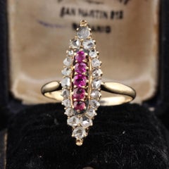 Antique Victorian 14 Karat Yellow Gold, Rose Cut Diamond and Ruby Navette Ring