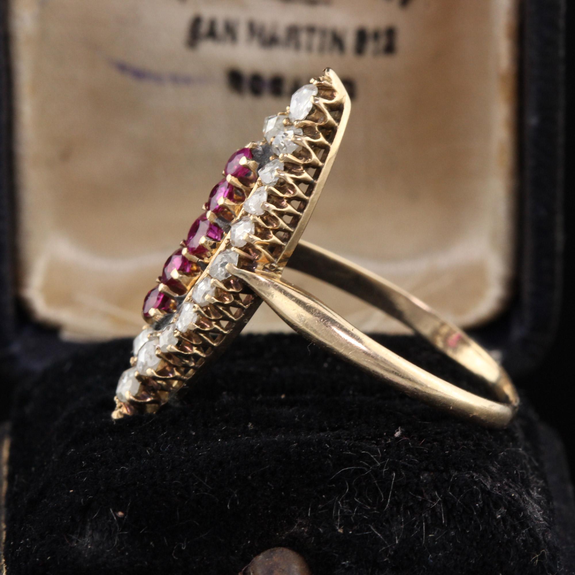Round Cut Antique Victorian 14 Karat Yellow Gold, Rose Cut Diamond and Ruby Navette Ring