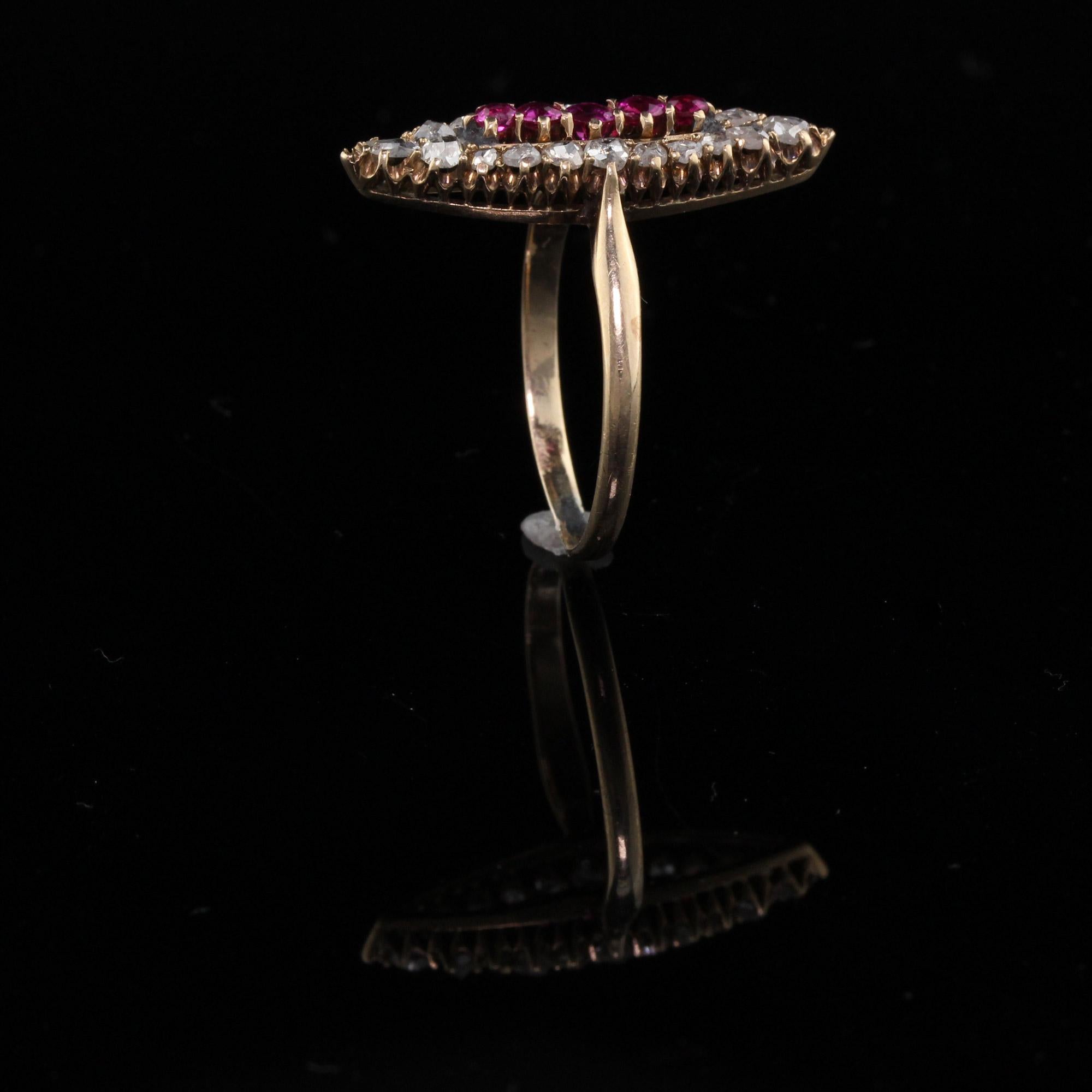 Antique Victorian 14 Karat Yellow Gold, Rose Cut Diamond and Ruby Navette Ring In Good Condition In Great Neck, NY