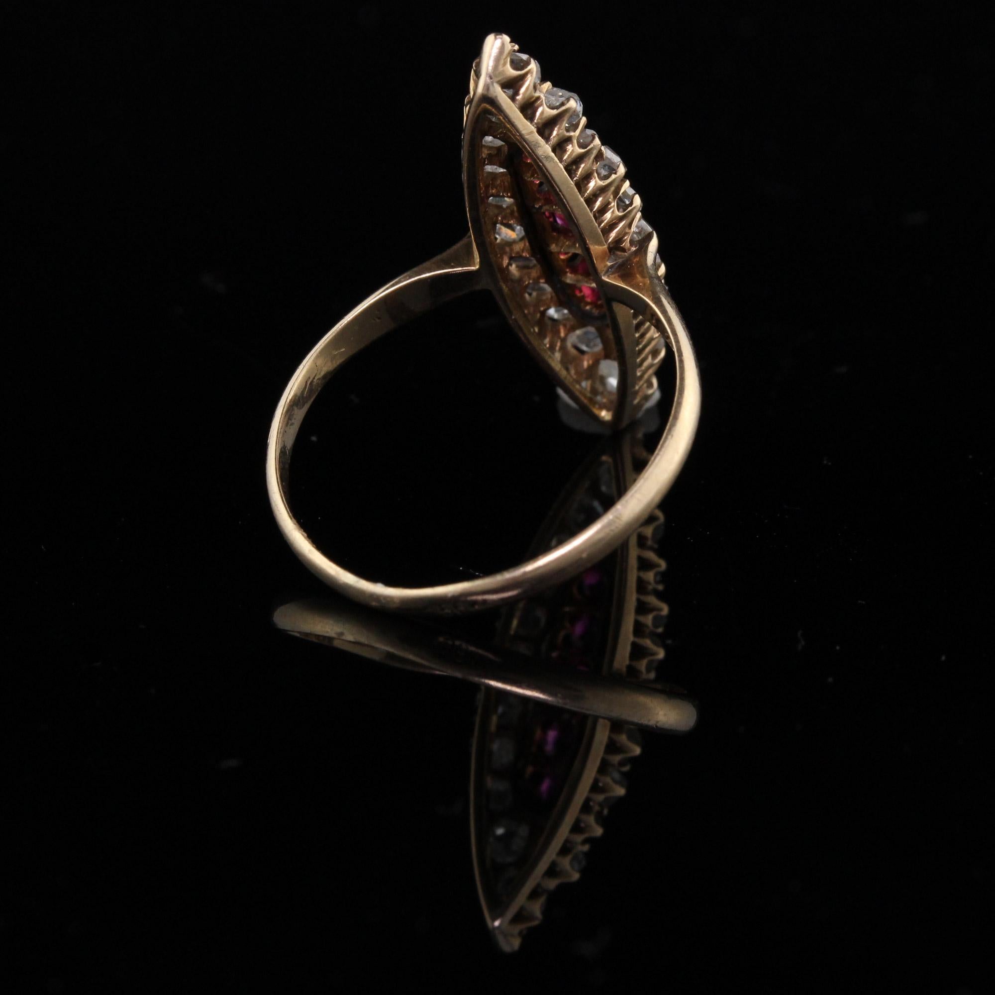 Antique Victorian 14 Karat Yellow Gold, Rose Cut Diamond and Ruby Navette Ring 1