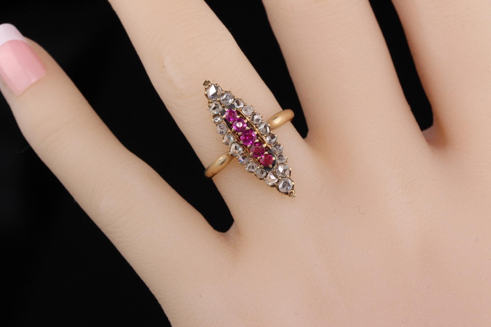 Antique Victorian 14 Karat Yellow Gold, Rose Cut Diamond and Ruby Navette Ring 2