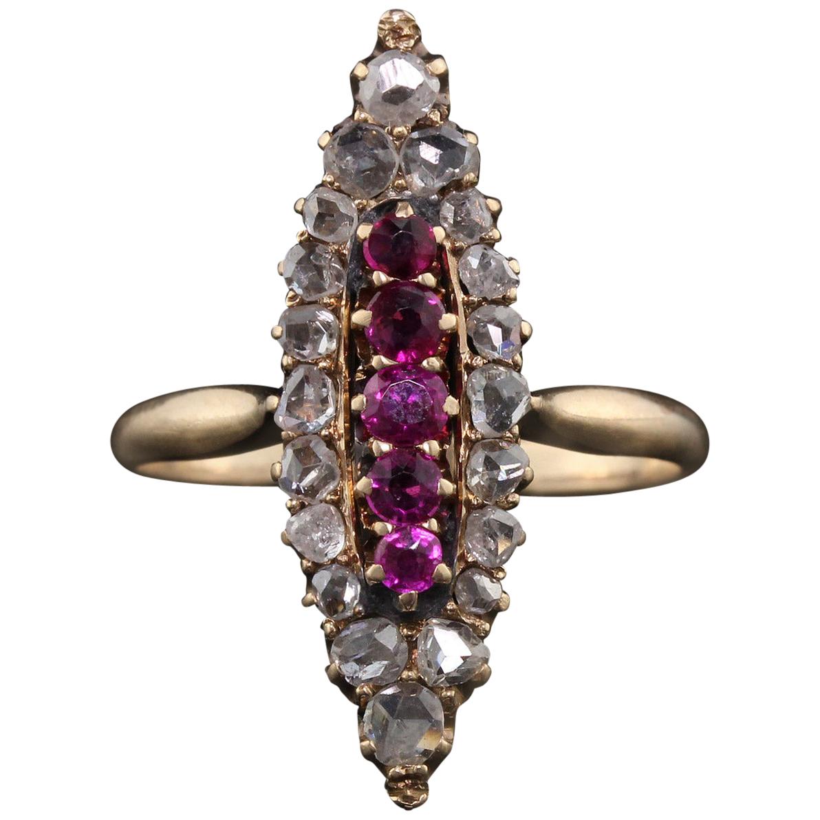Antique Victorian 14 Karat Yellow Gold, Rose Cut Diamond and Ruby Navette Ring