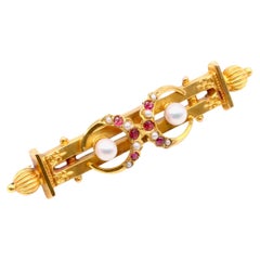 Antique Victorian 14K Yellow Gold Ruby and Pearl Double Crescent Bar Brooch