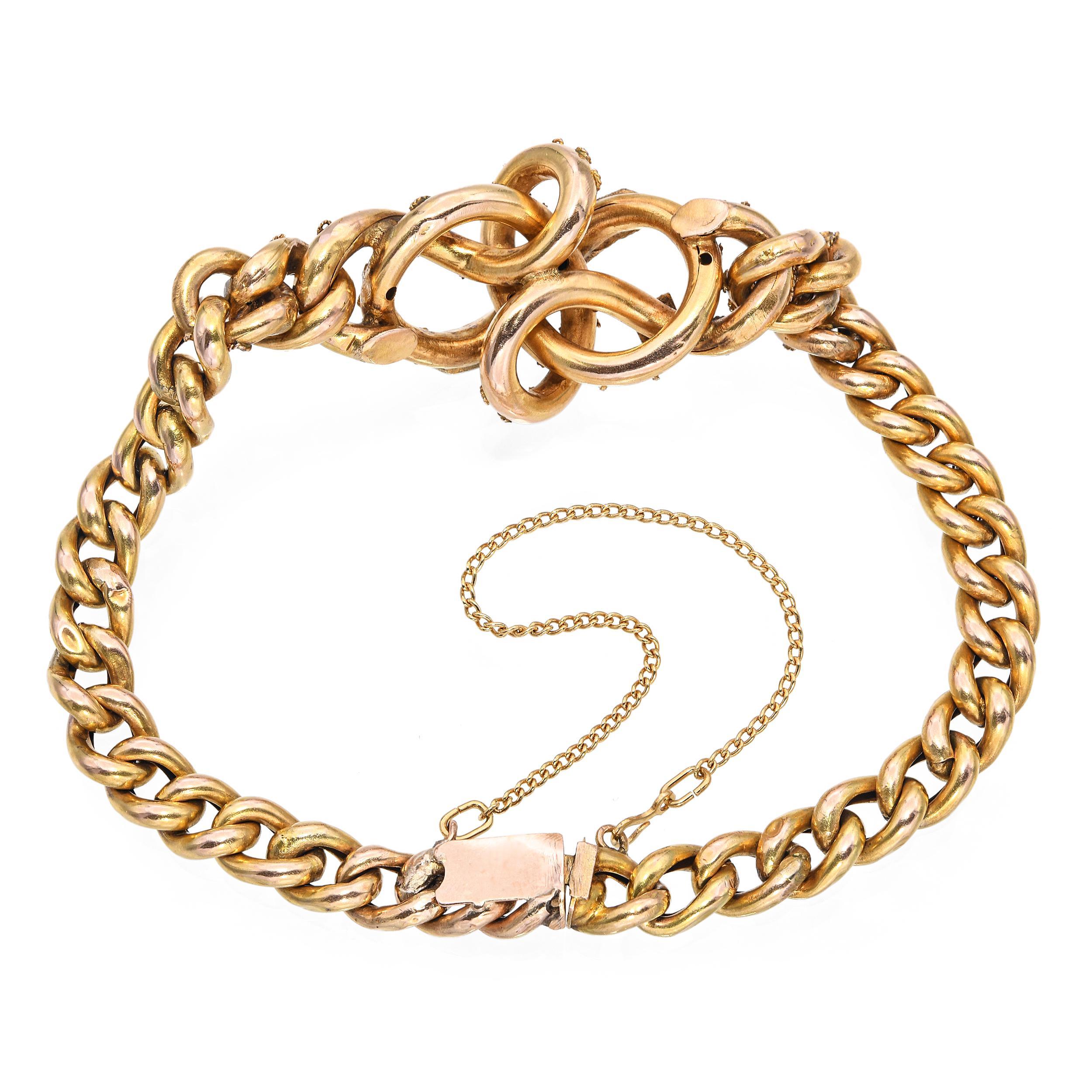 Taille ronde Antique bracelet victorien à maillons en or jaune 14k avec rubis et perles en vente