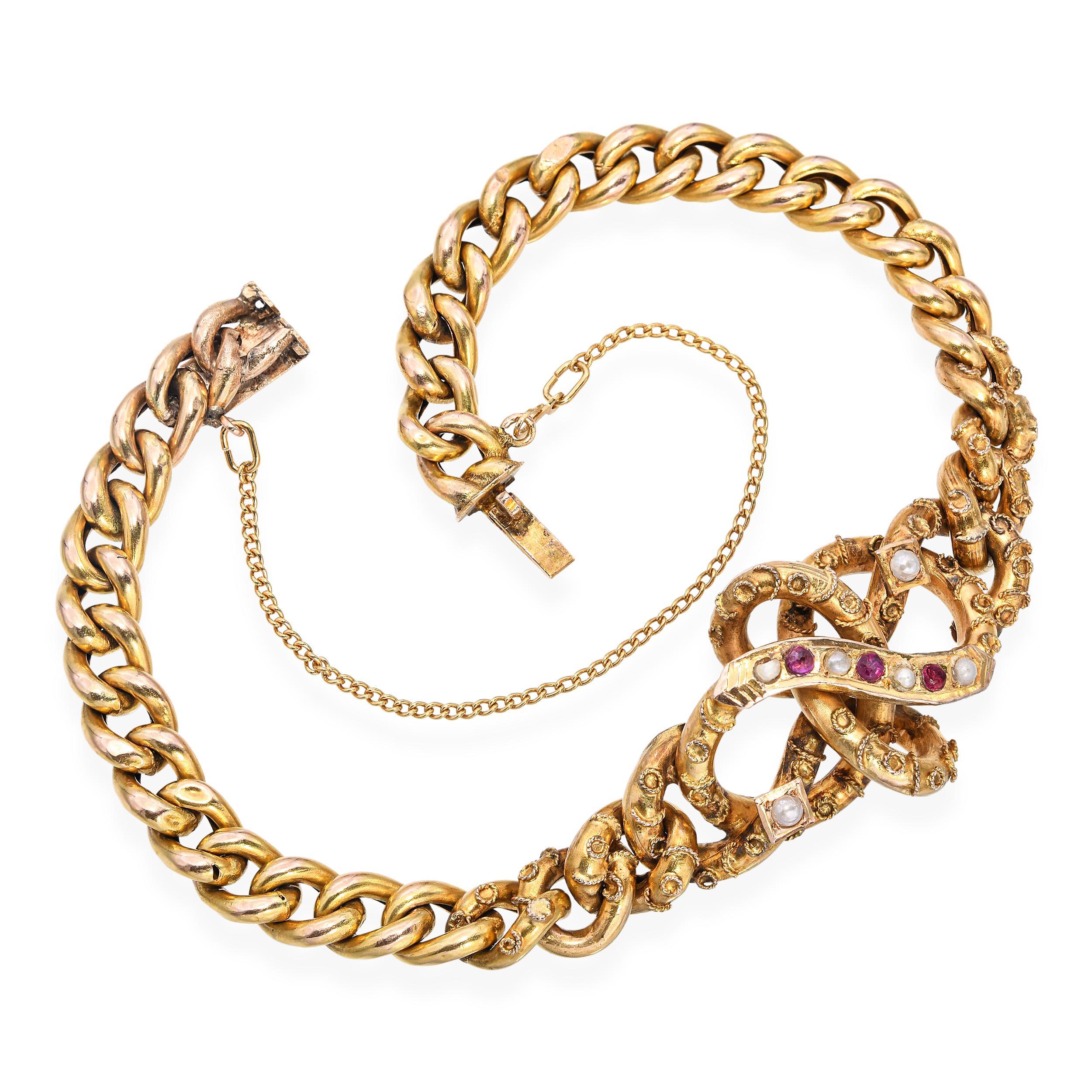 Antique bracelet victorien à maillons en or jaune 14k avec rubis et perles Bon état - En vente à New York, NY