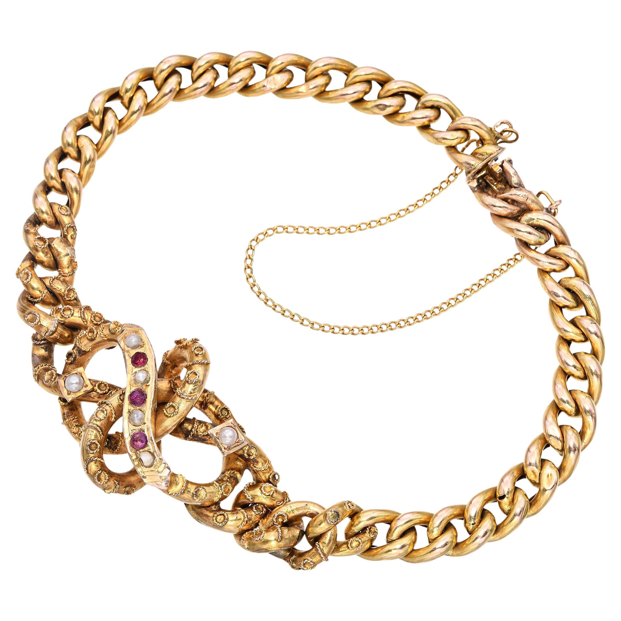 Antique bracelet victorien à maillons en or jaune 14k avec rubis et perles