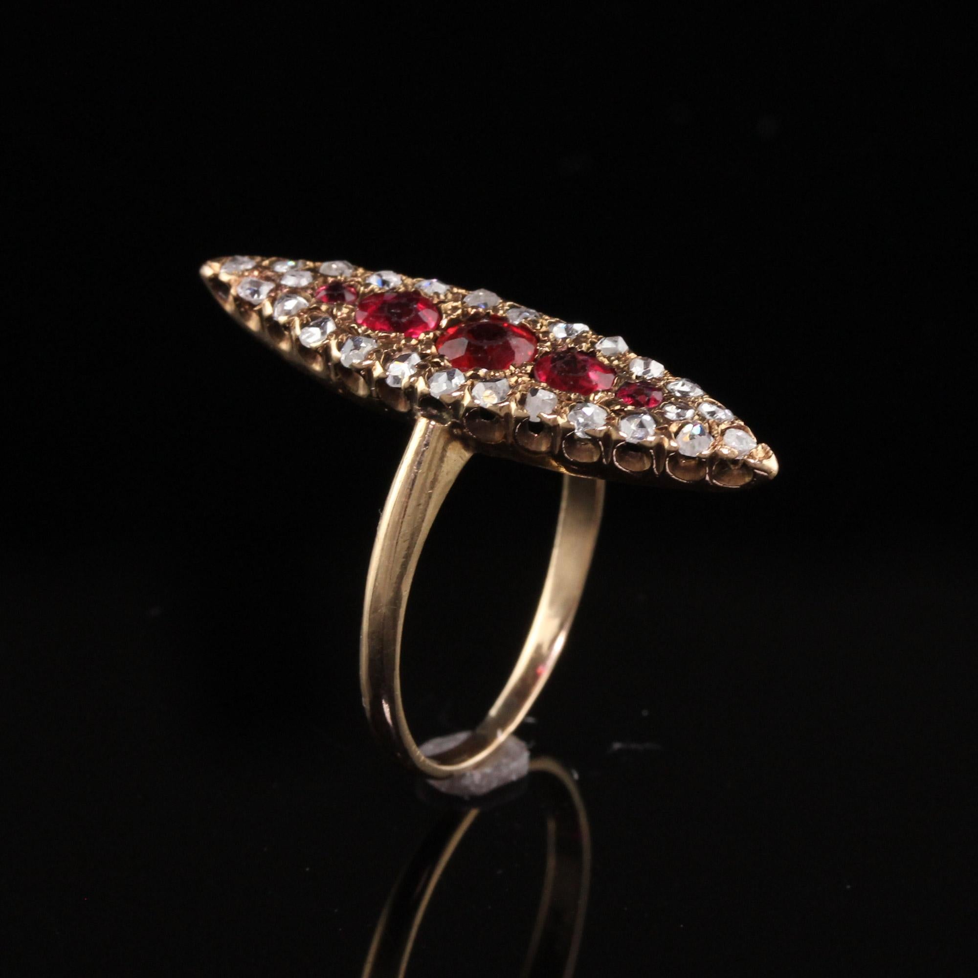Antique Victorian 14K Yellow Gold Ruby and Rose Cut Diamond Navette Ring In Good Condition For Sale In Great Neck, NY