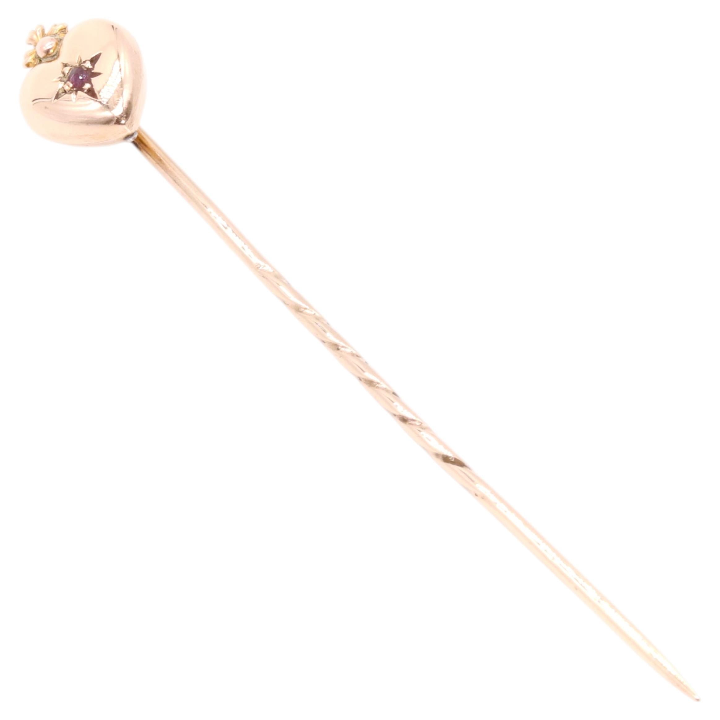 Antique Victorian 14K Yellow Gold Ruby Flaming Heart Stick Pin For Sale ...