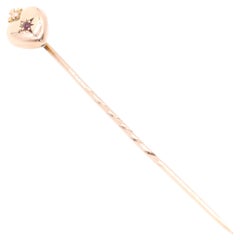 Antique Victorian 14K Yellow Gold Ruby Flaming Heart Stick Pin