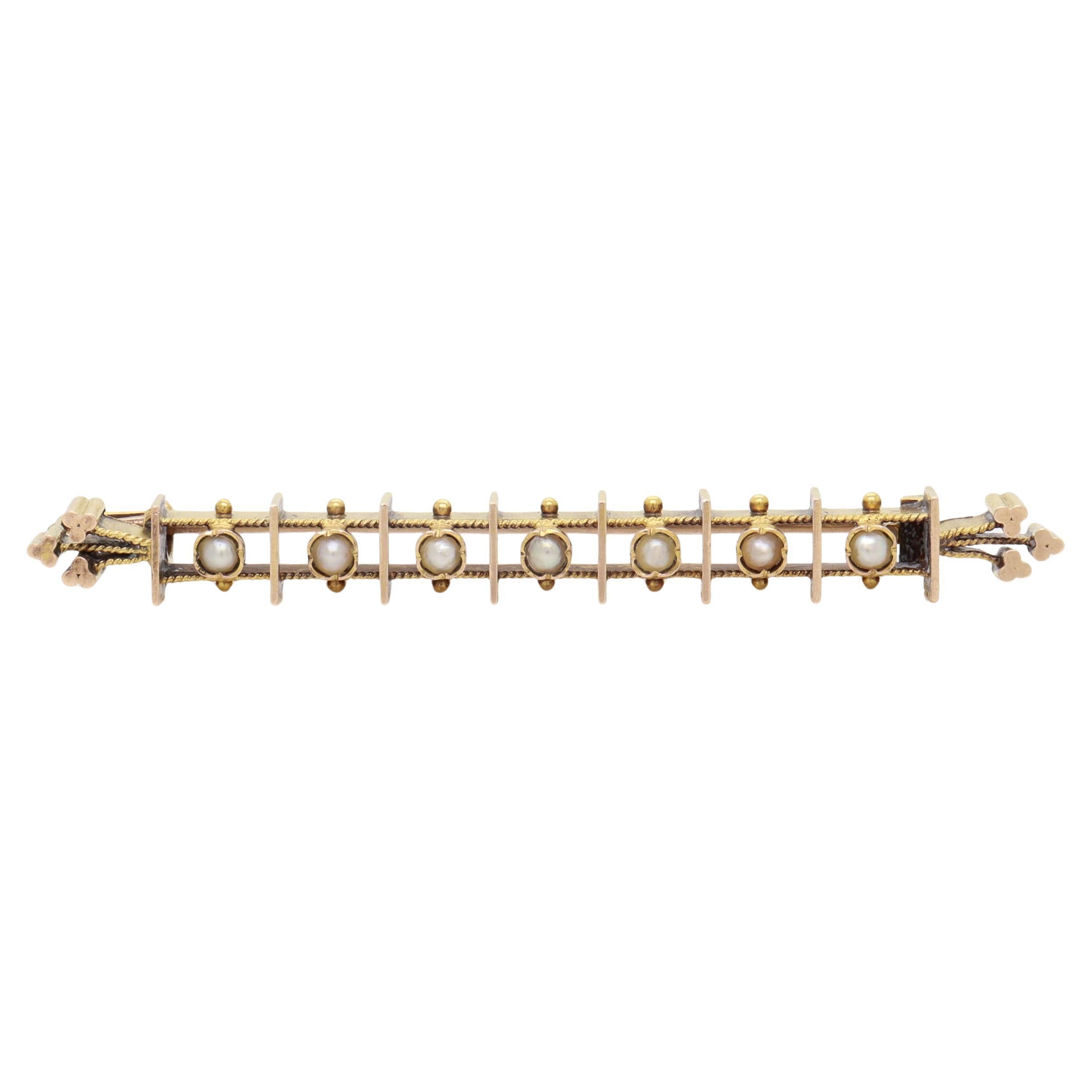 Alfiler/broche antiguo victoriano de oro amarillo de 14 quilates y perlas de collar Aesthetic Movement