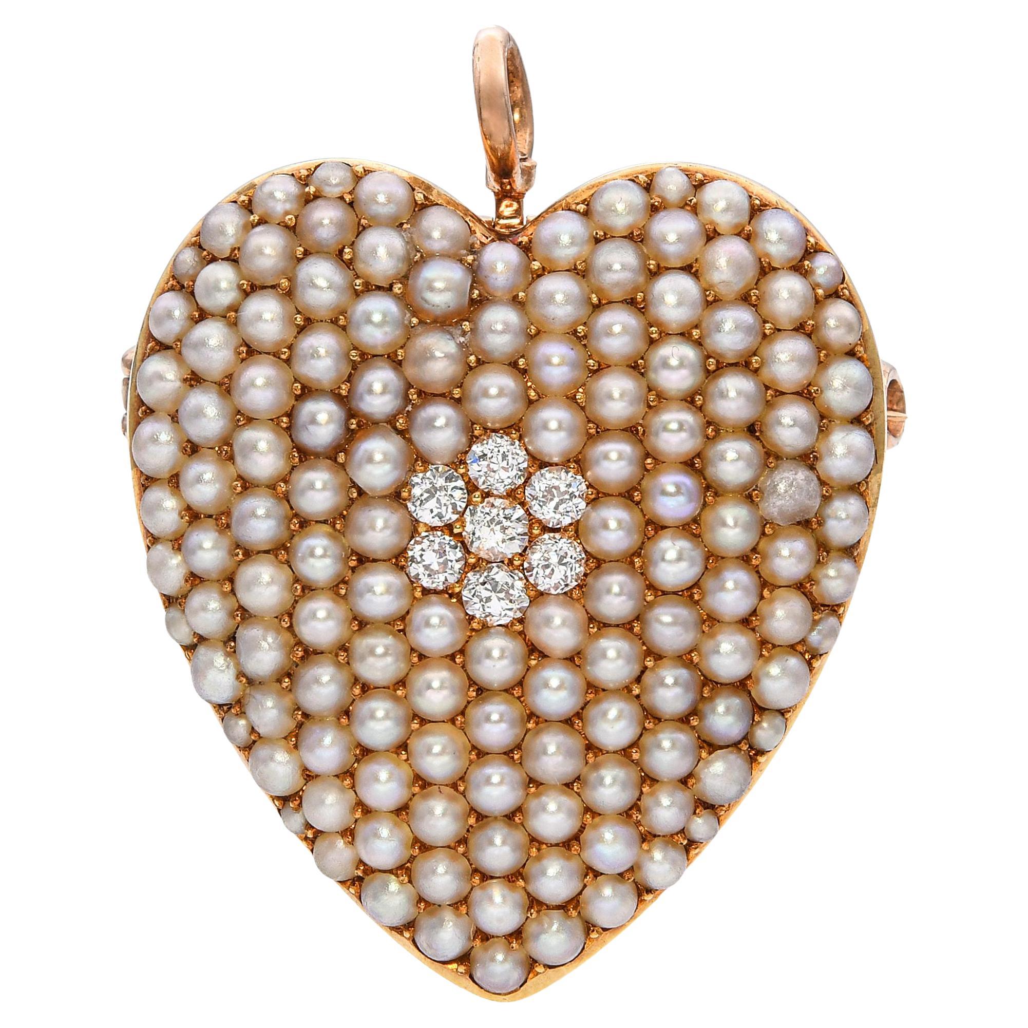 Antique Victorian 14k Yellow Gold Seed Pearl and Old Cut Diamond Heart Pendant im Angebot