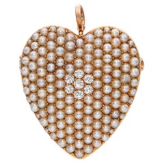 Antique Victorian 14k Yellow Gold Seed Pearl and Old Cut Diamond Heart Pendant