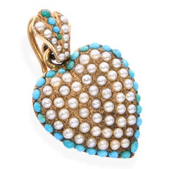 Antique Victorian 14k Yellow Gold Seed Pearl and Turquoise Heart Pendant