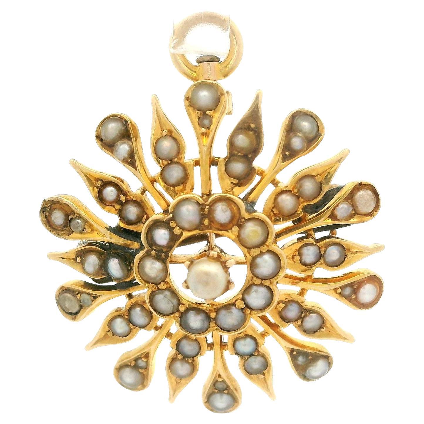 Broche victorienne ancienne en or jaune 14k avec perles de rocailles en éclats Pendentif