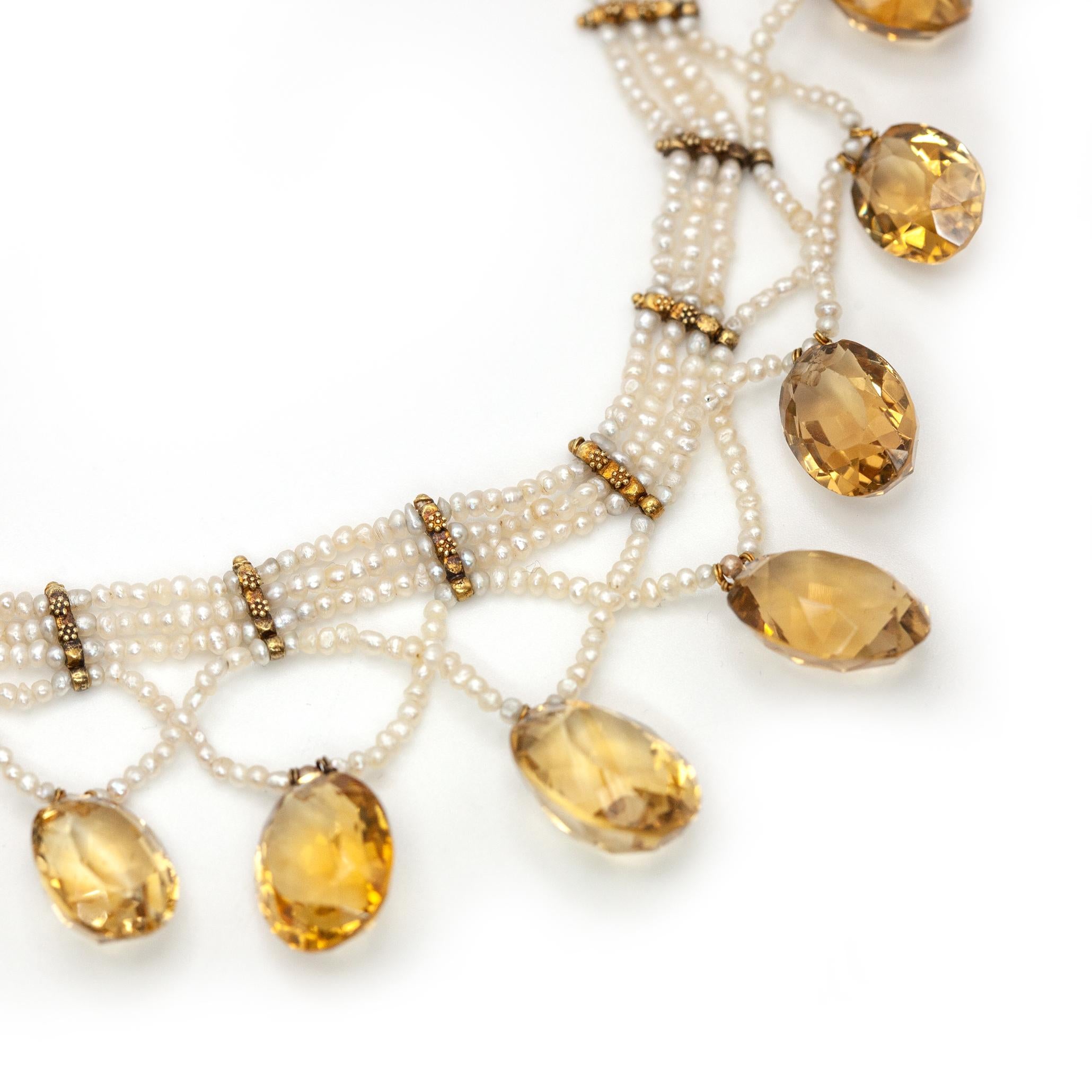 Antique Victorian 14K Yellow Gold Seed Pearl Citrine Choker Necklace im Zustand „Hervorragend“ im Angebot in New York, NY