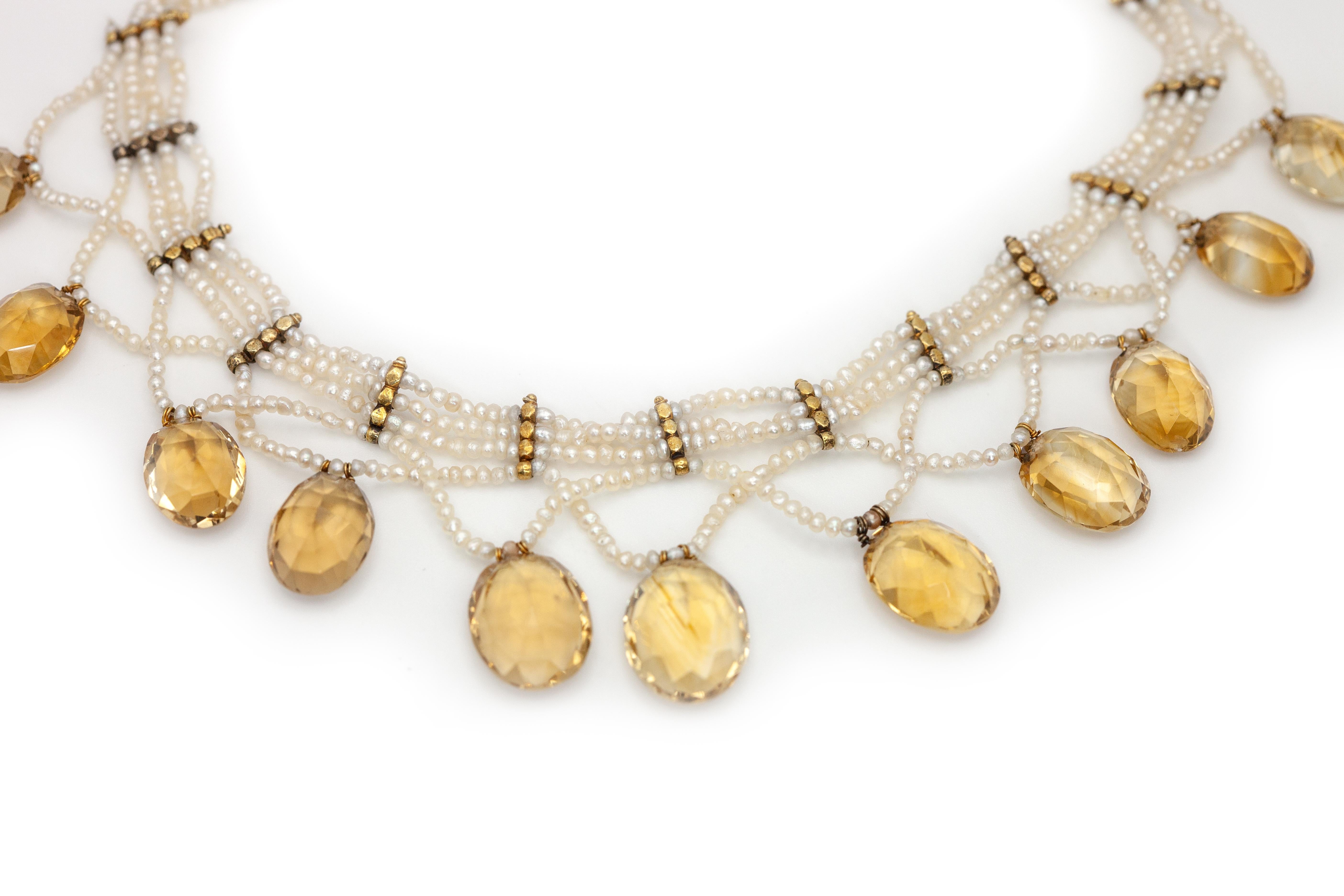 Antique Victorian 14K Yellow Gold Seed Pearl Citrine Choker Necklace Damen im Angebot