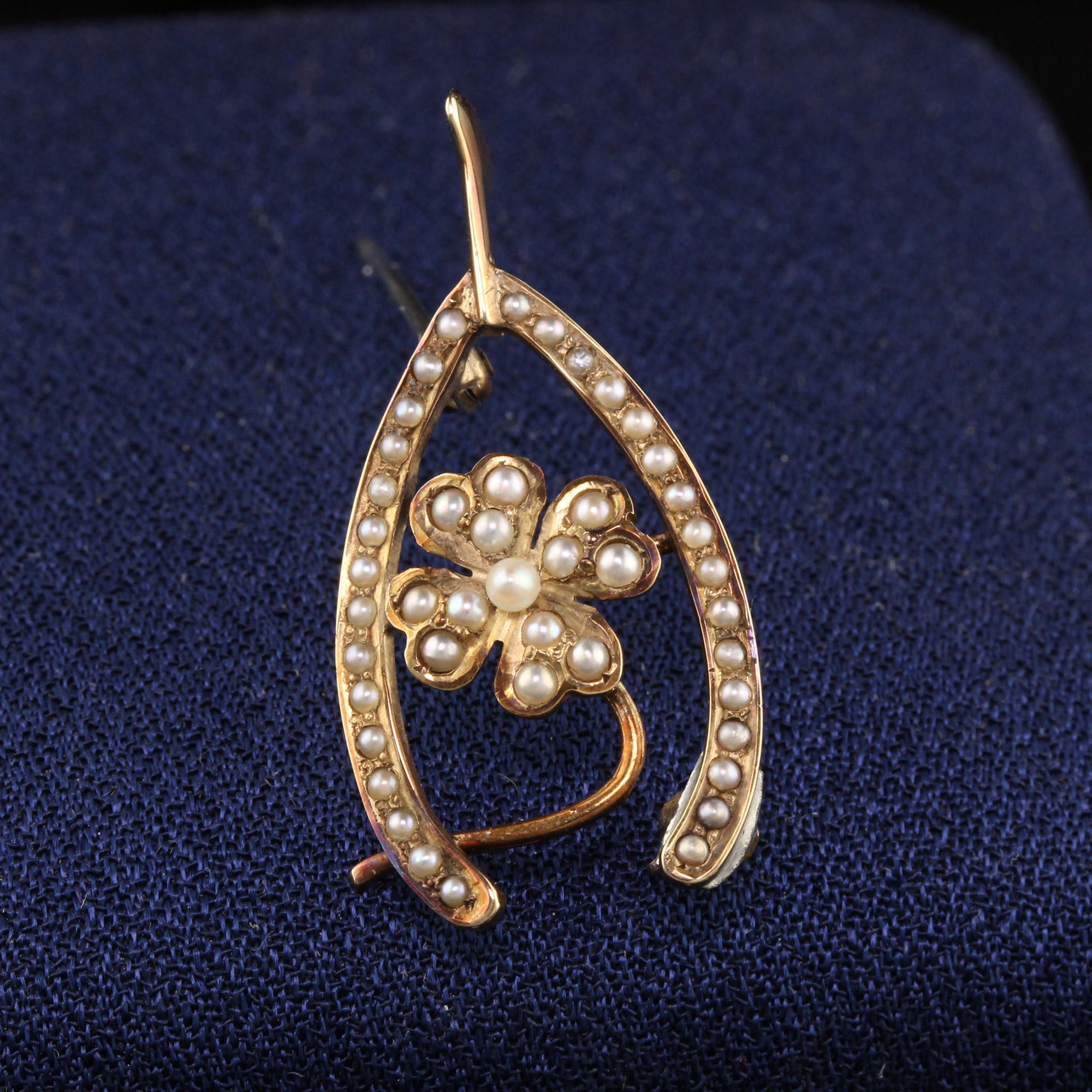 Beautiful Antique Victorian 14K Yellow Gold Seed Pearl Shamrock Wishbone Pin. This beautiful pin is crafted in14k yellow gold. It has seed pearls covering the top portion of the pin and is in great condition.

Item #P0144

Metal: 14K Yellow