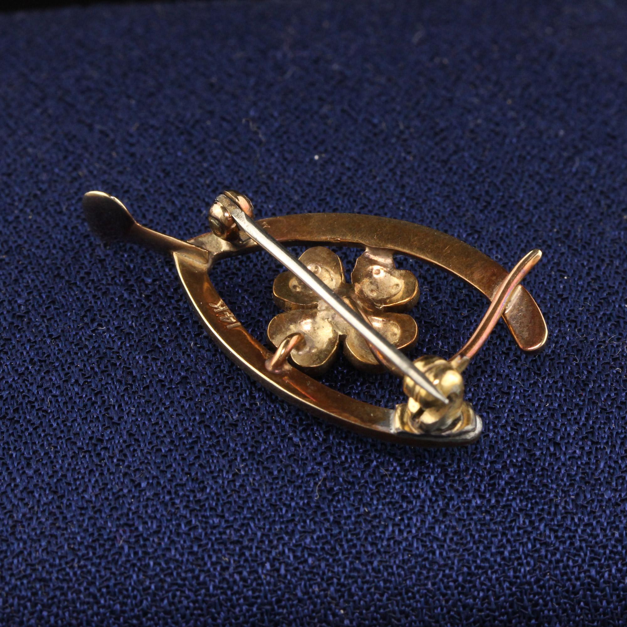 Antique Victorian 14K Yellow Gold Seed Pearl Shamrock Wishbone Pin In Good Condition In Great Neck, NY