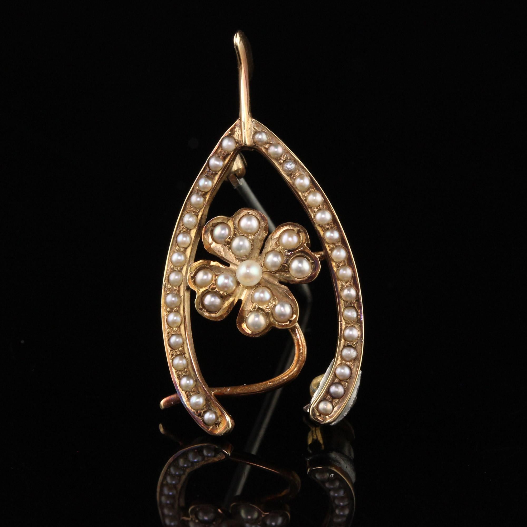 Women's Antique Victorian 14K Yellow Gold Seed Pearl Shamrock Wishbone Pin
