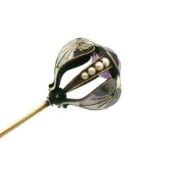 Antique Victorian 14k Yellow Gold Seed Pearls & Amethyst Enamel Work Hat Pin