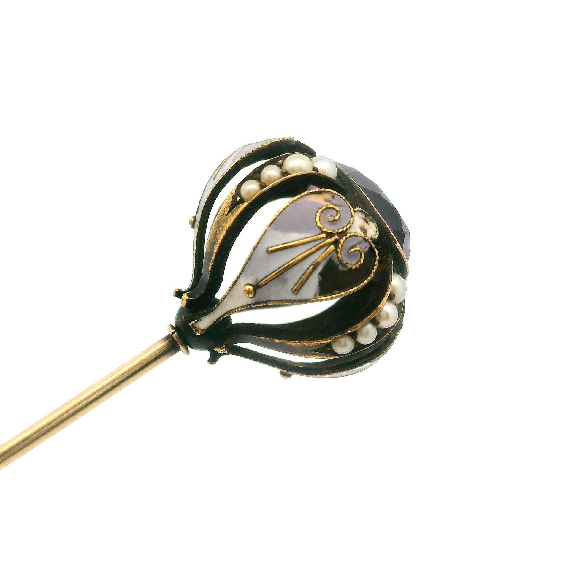 Oval Cut Antique Victorian 14k Yellow Gold Seed Pearls & Amethyst Enamel Work Hat Pin For Sale