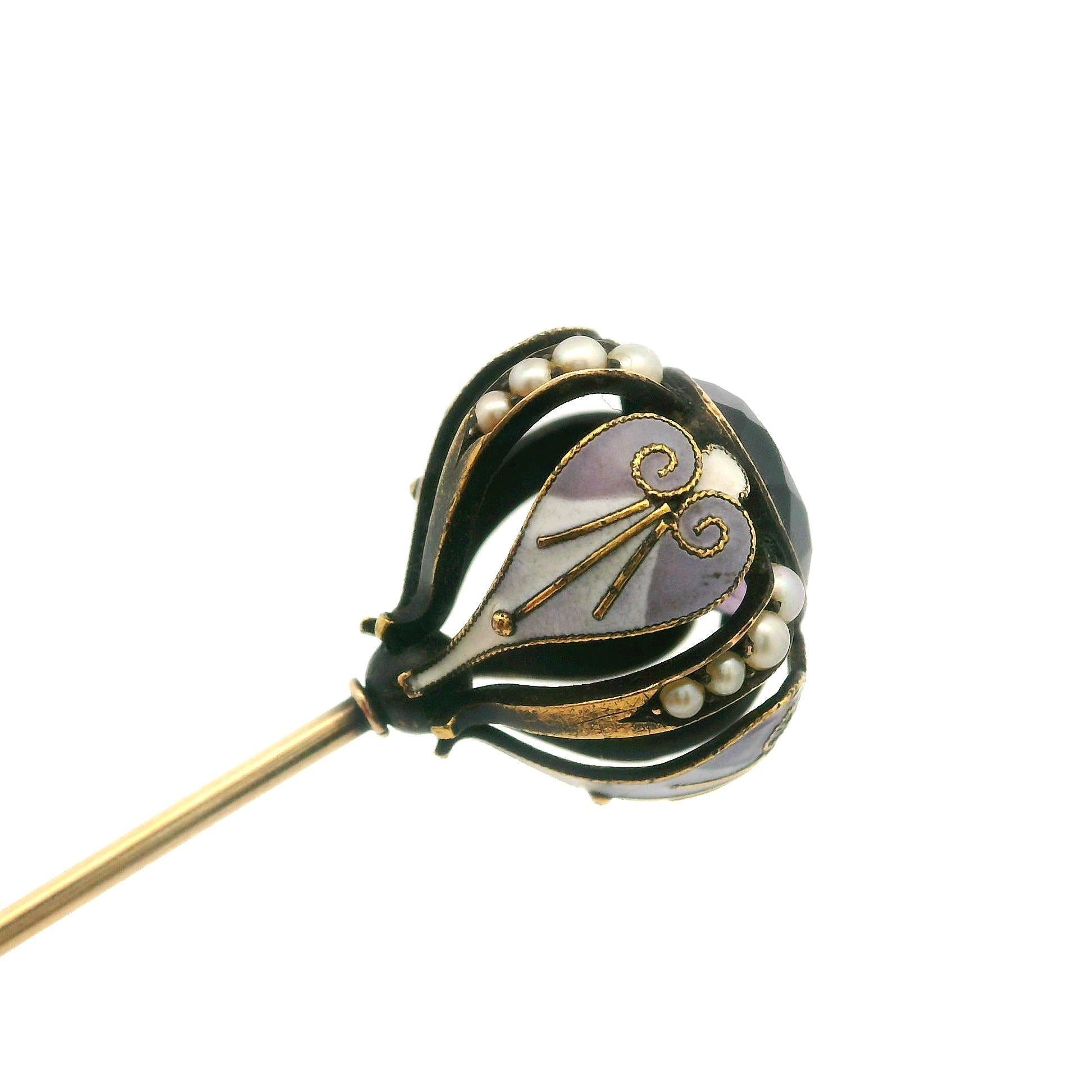 Antique Victorian 14k Yellow Gold Seed Pearls & Amethyst Enamel Work Hat Pin In Good Condition For Sale In Montclair, NJ