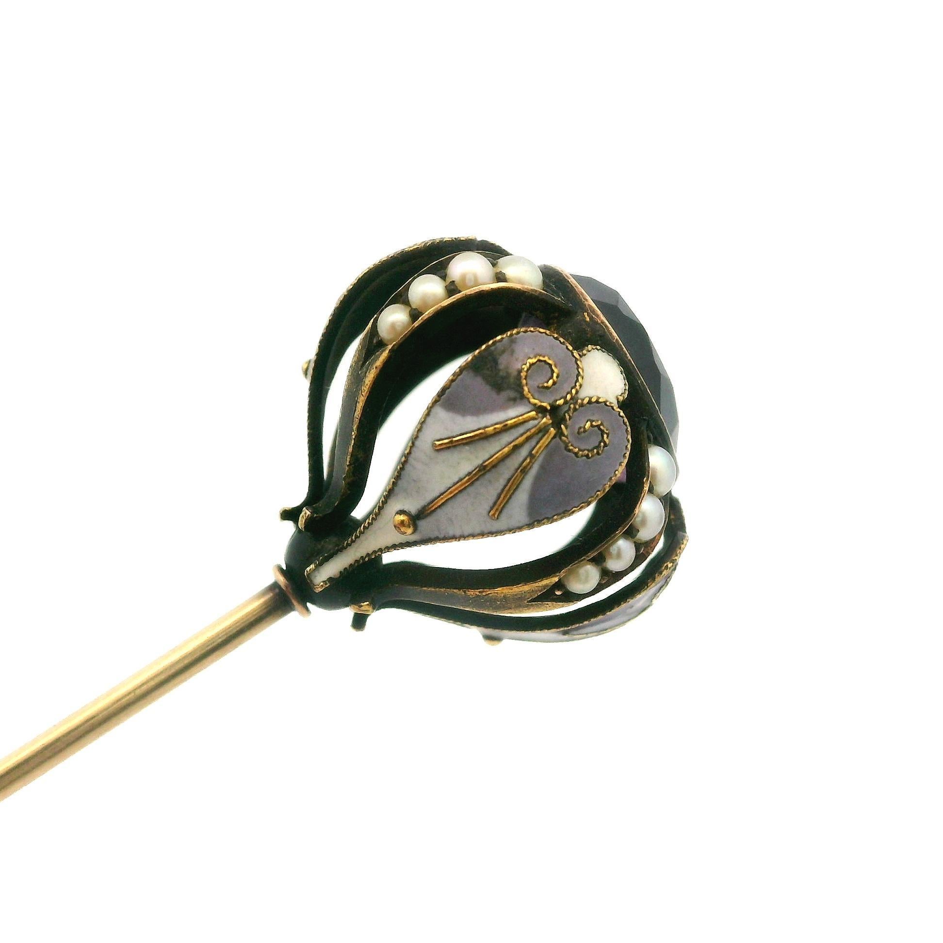 Antique Victorian 14k Yellow Gold Seed Pearls & Amethyst Enamel Work Hat Pin For Sale 1