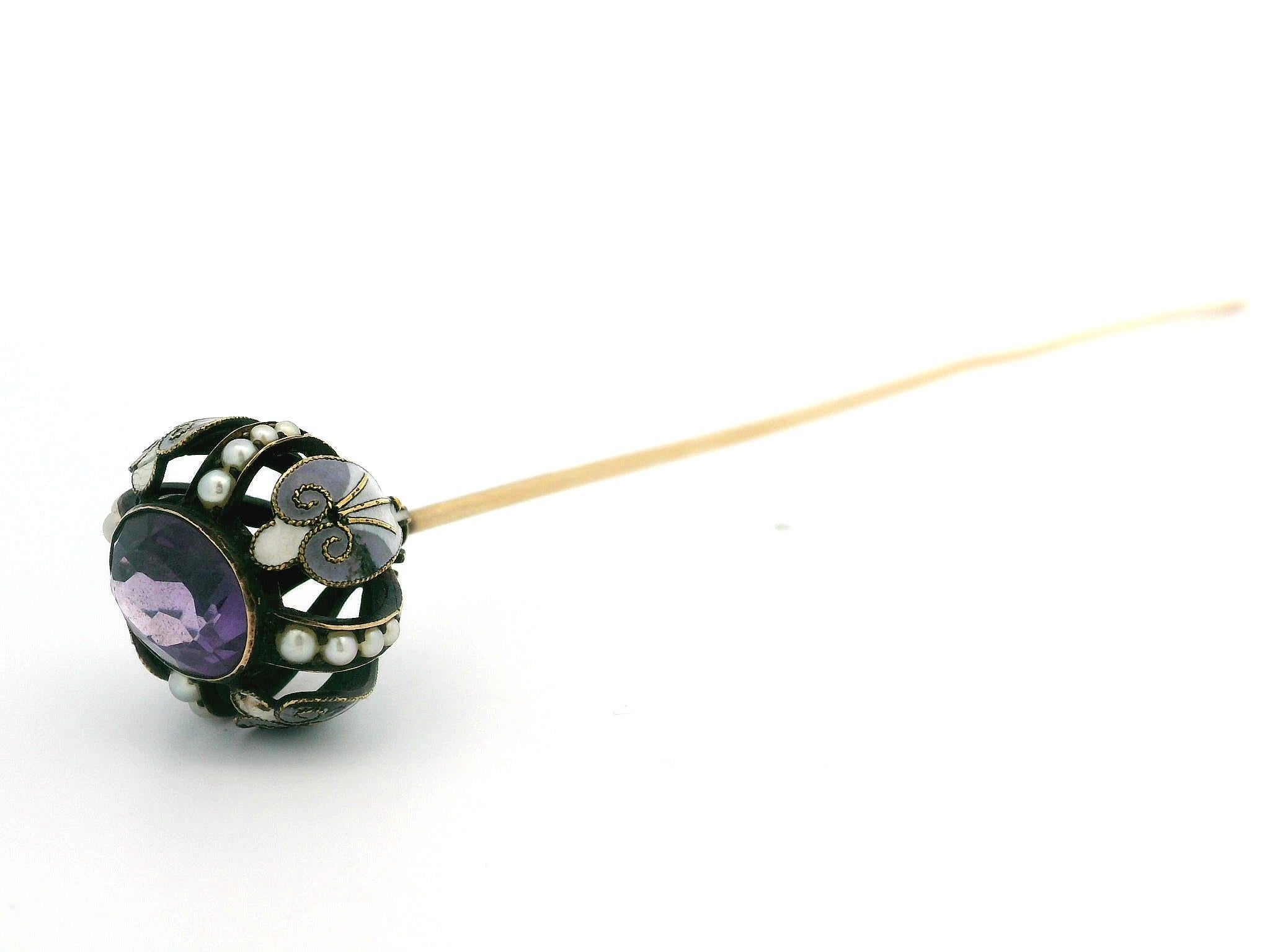 Antique Victorian 14k Yellow Gold Seed Pearls & Amethyst Enamel Work Hat Pin For Sale 2