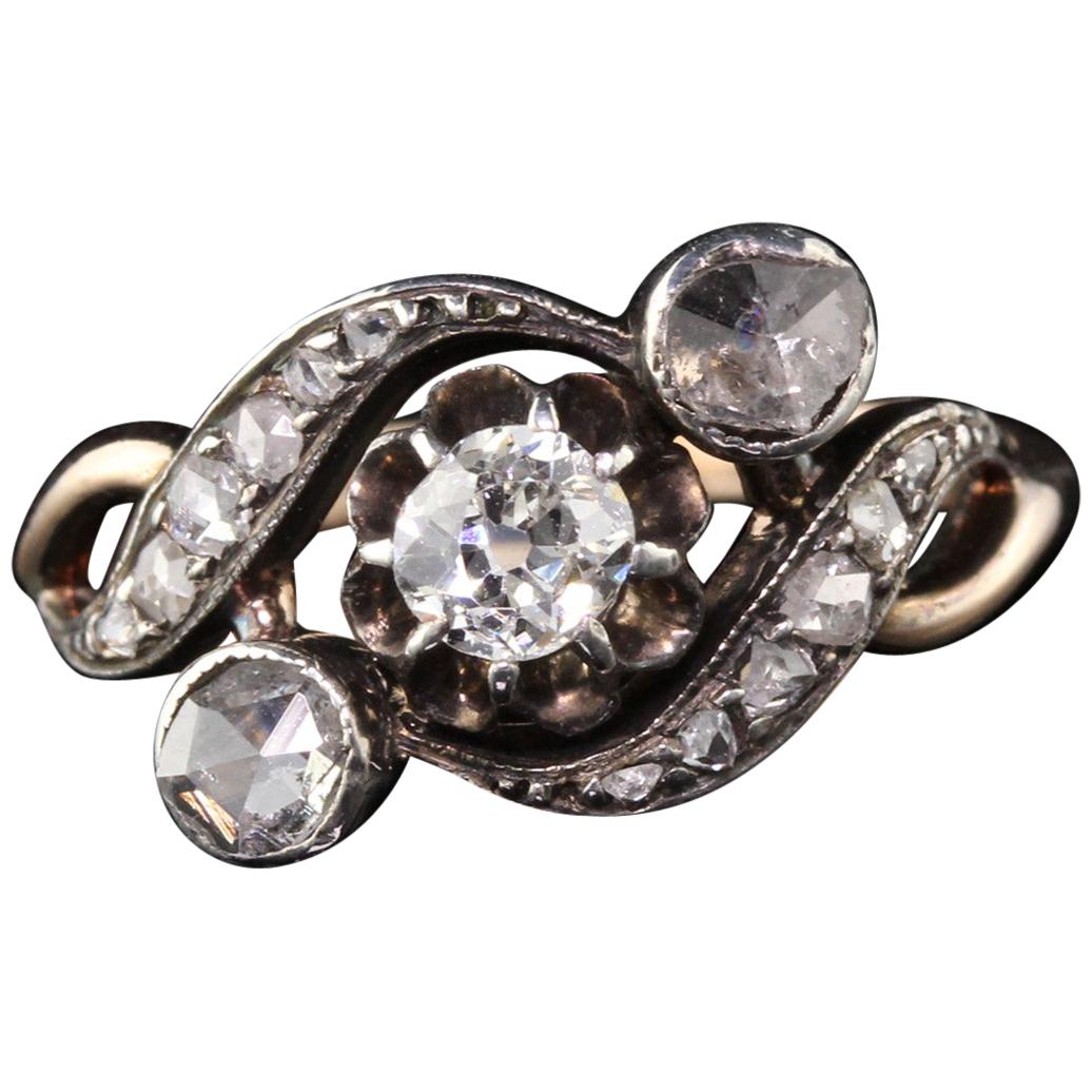 Antique Victorian 14 Karat Yellow Gold and Silver Top 3-Stone Diamond Ring