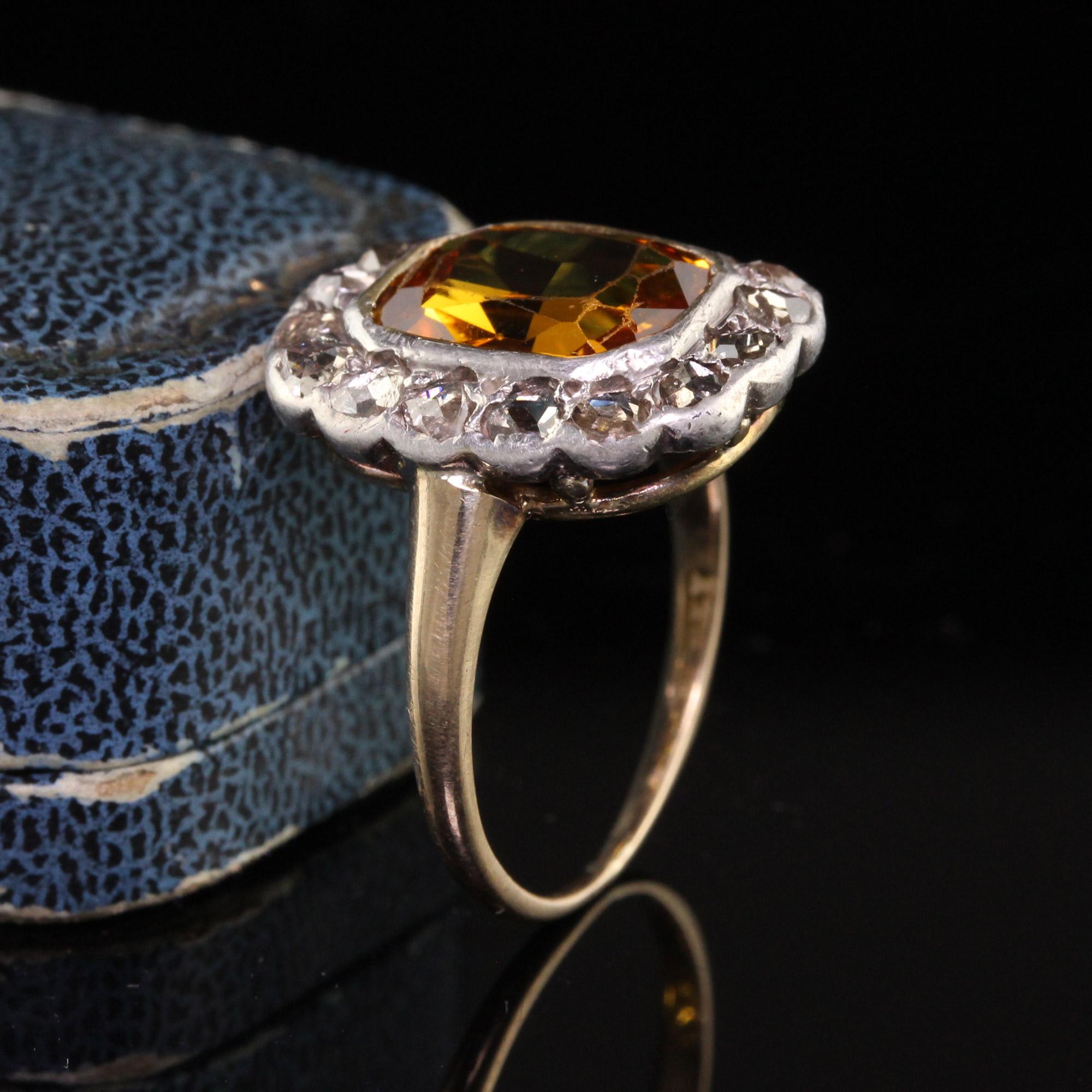 Antique Victorian 14k Yellow Gold Silver Top Citrine Rose Cut Diamond Ring In Good Condition In Great Neck, NY