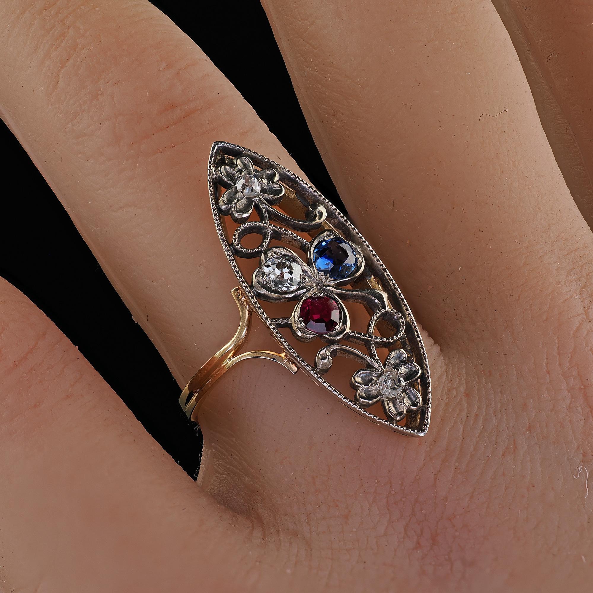 Antique Victorian 14K Yellow Gold Silver Top Old Cut Diamond Ruby Sapphire Ring For Sale 5
