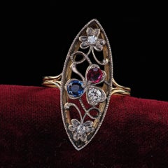 Antique Victorian 14K Yellow Gold Silver Top Old Cut Diamond Ruby Sapphire Ring