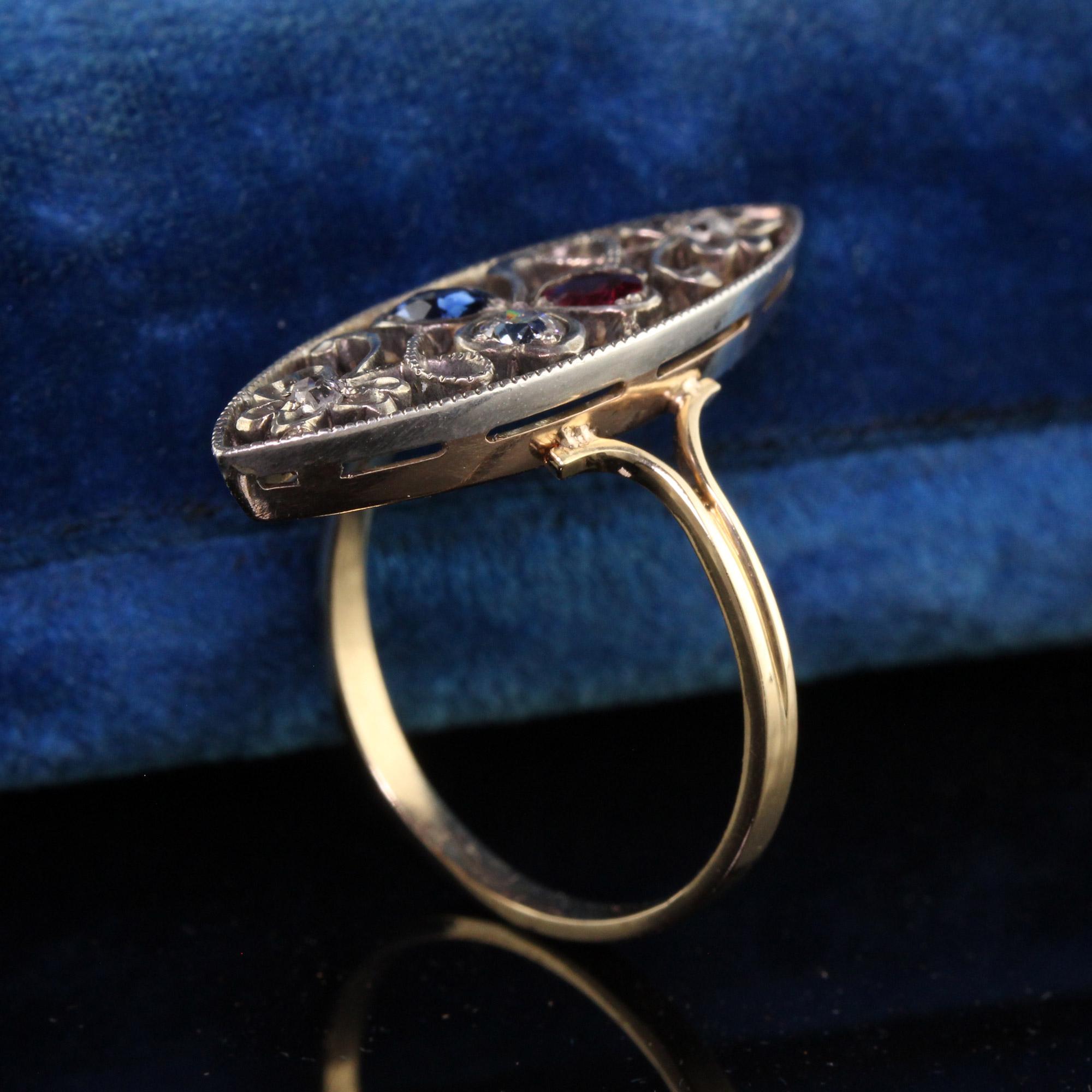 Rose Cut Antique Victorian 14k Yellow Gold Silver Top Old Cut Diamond Ruby Sapphire Ring For Sale