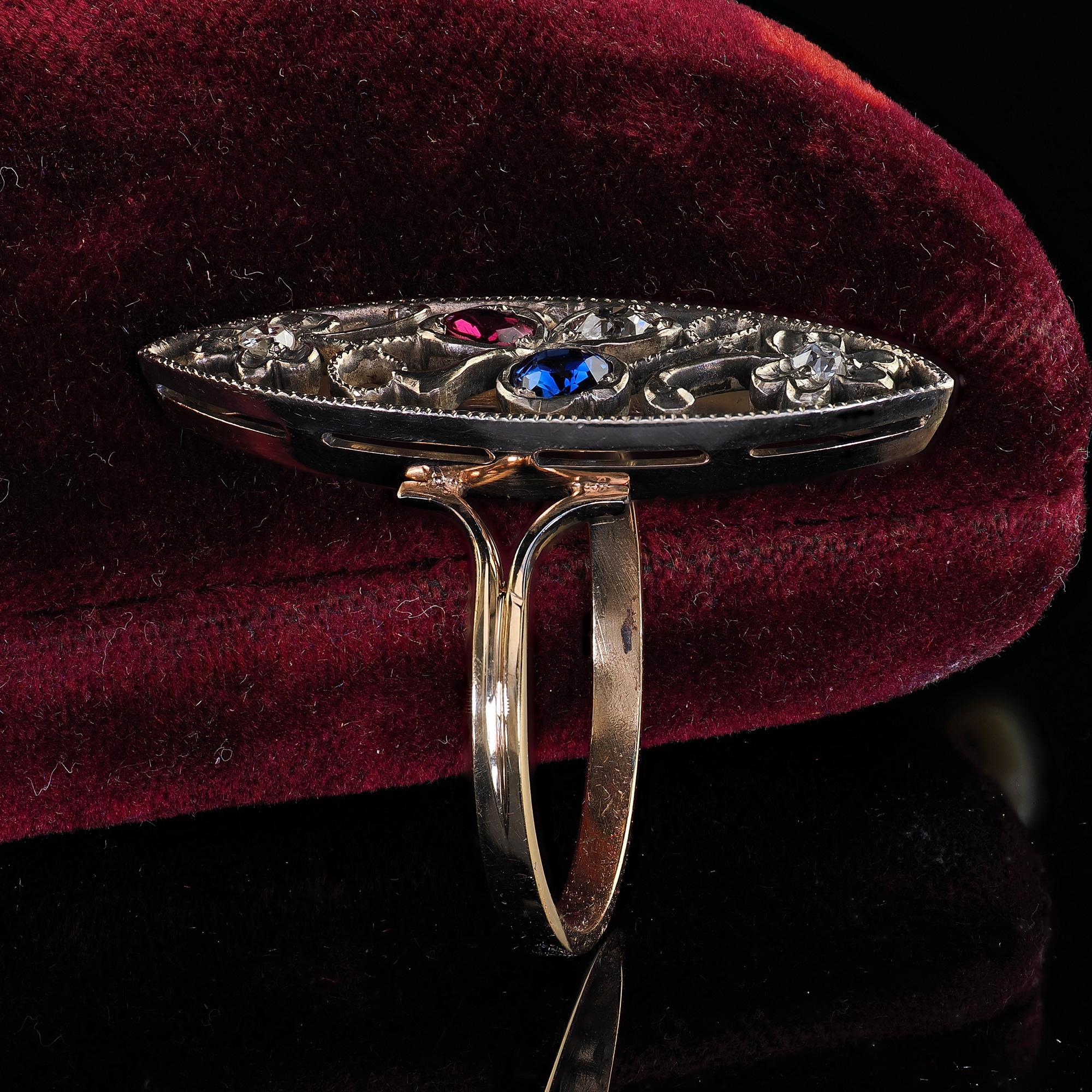 Old European Cut Antique Victorian 14K Yellow Gold Silver Top Old Cut Diamond Ruby Sapphire Ring For Sale