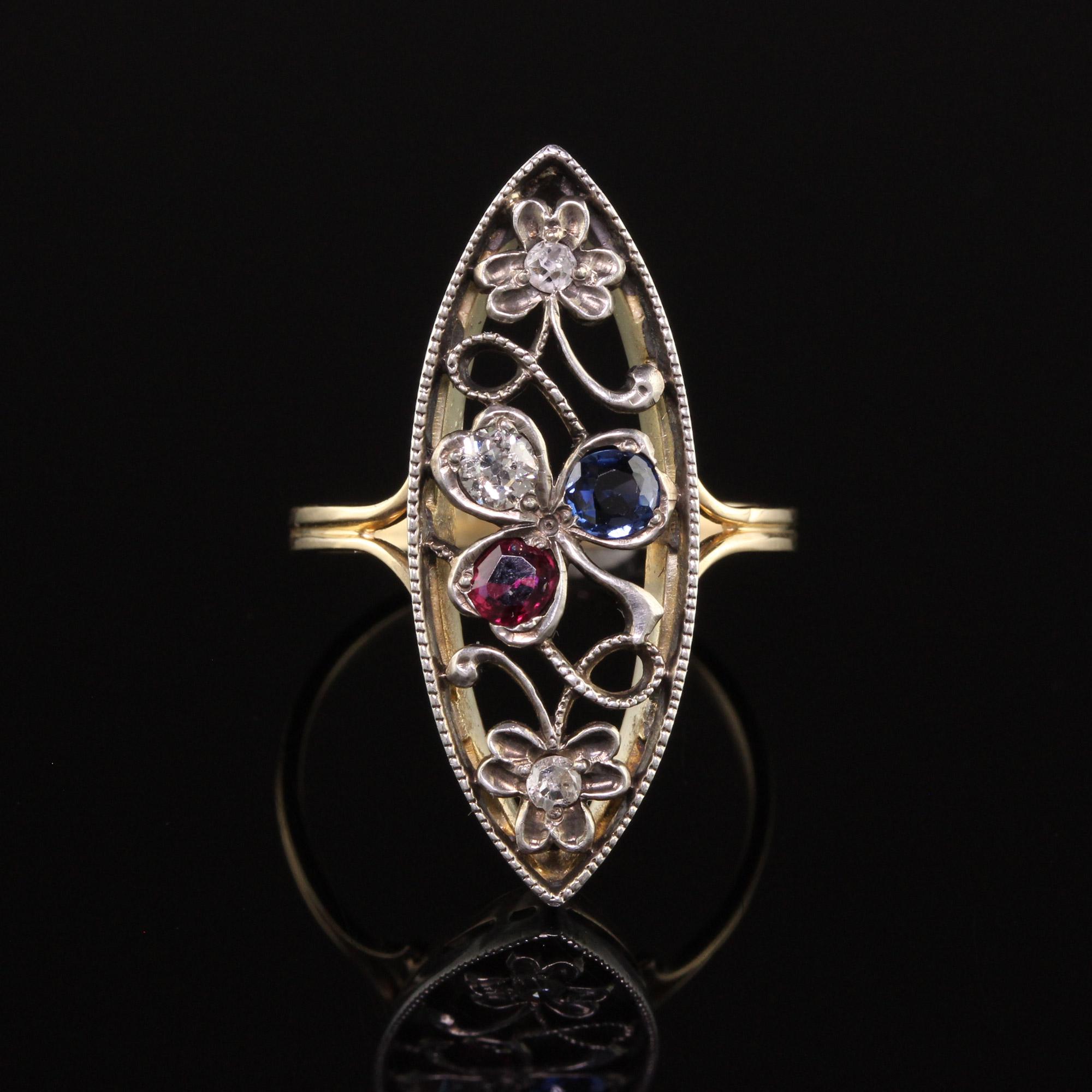 Antique Victorian 14k Yellow Gold Silver Top Old Cut Diamond Ruby Sapphire Ring In Good Condition For Sale In Great Neck, NY