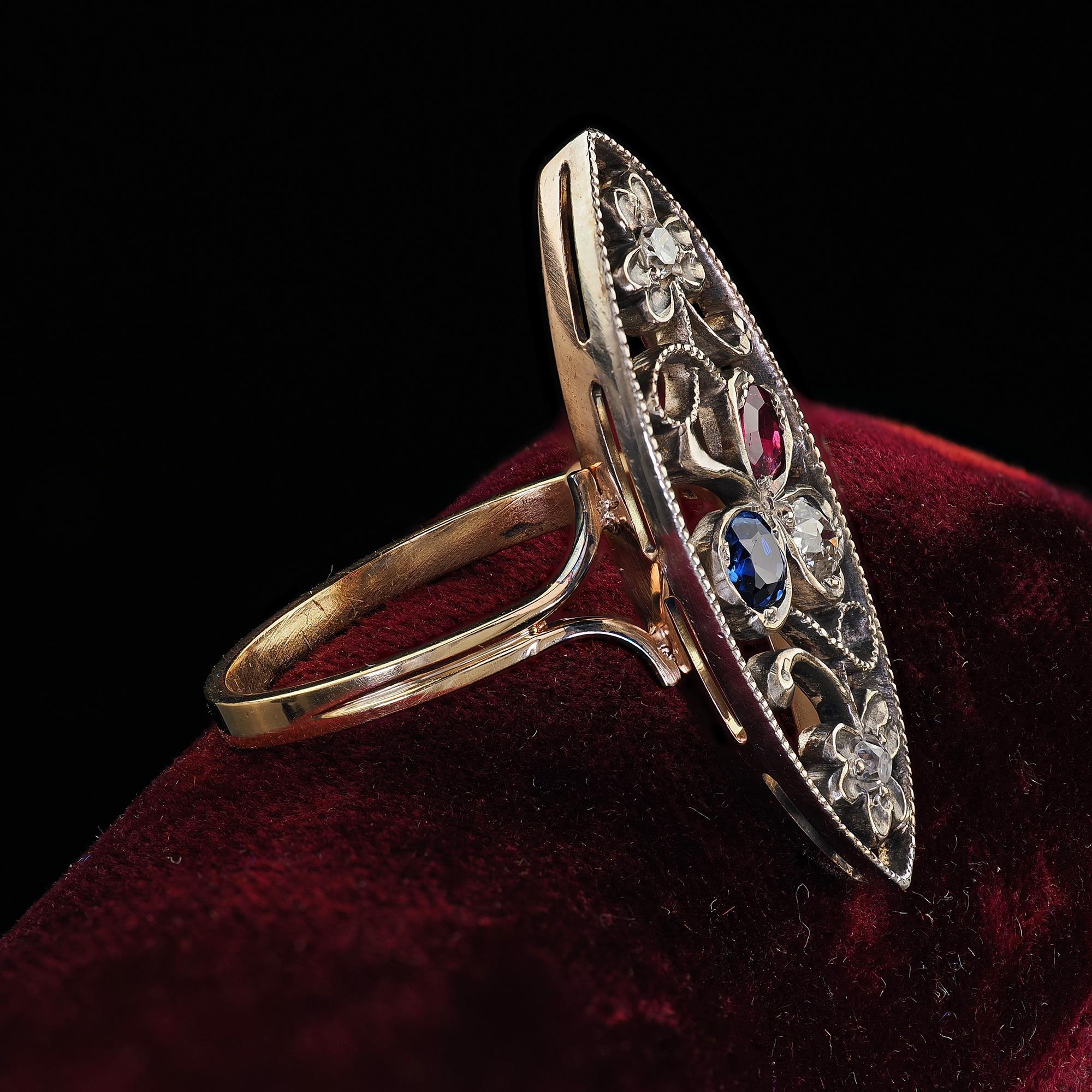 Antique Victorian 14K Yellow Gold Silver Top Old Cut Diamond Ruby Sapphire Ring In Good Condition For Sale In Great Neck, NY