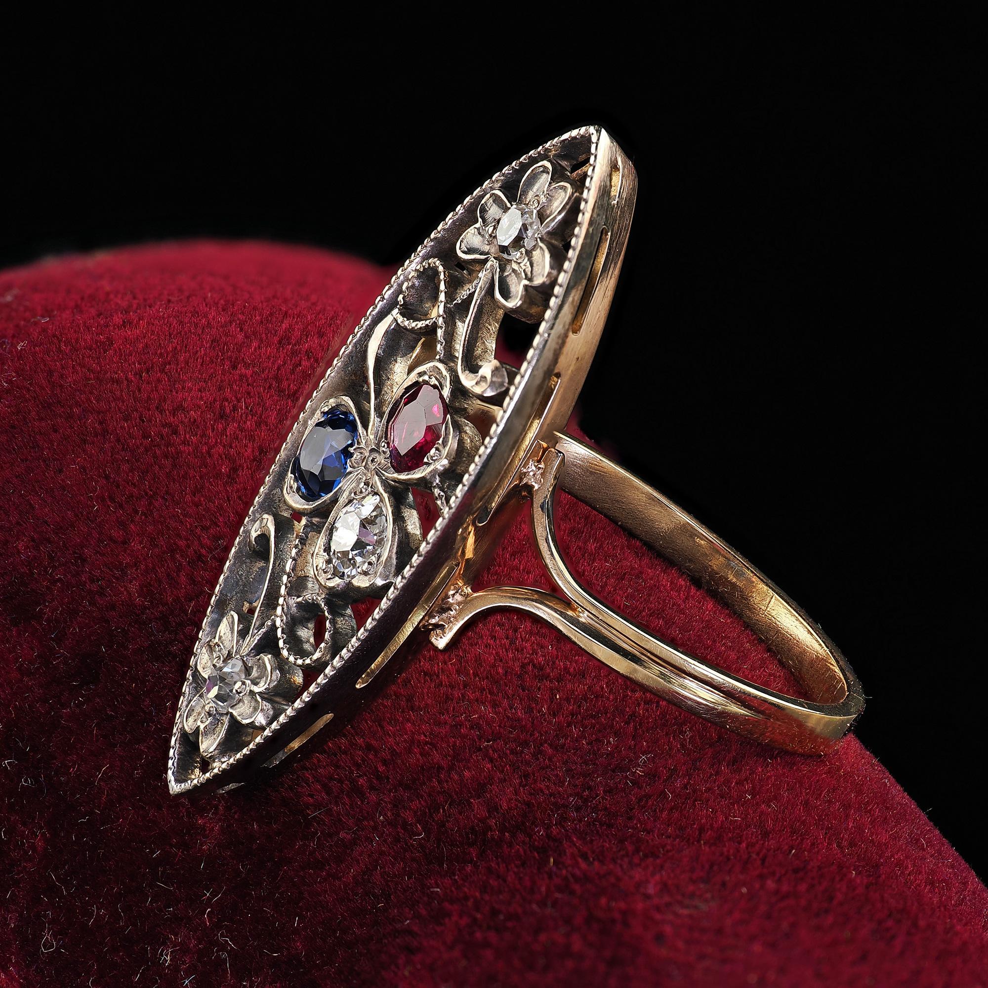 Women's Antique Victorian 14K Yellow Gold Silver Top Old Cut Diamond Ruby Sapphire Ring For Sale